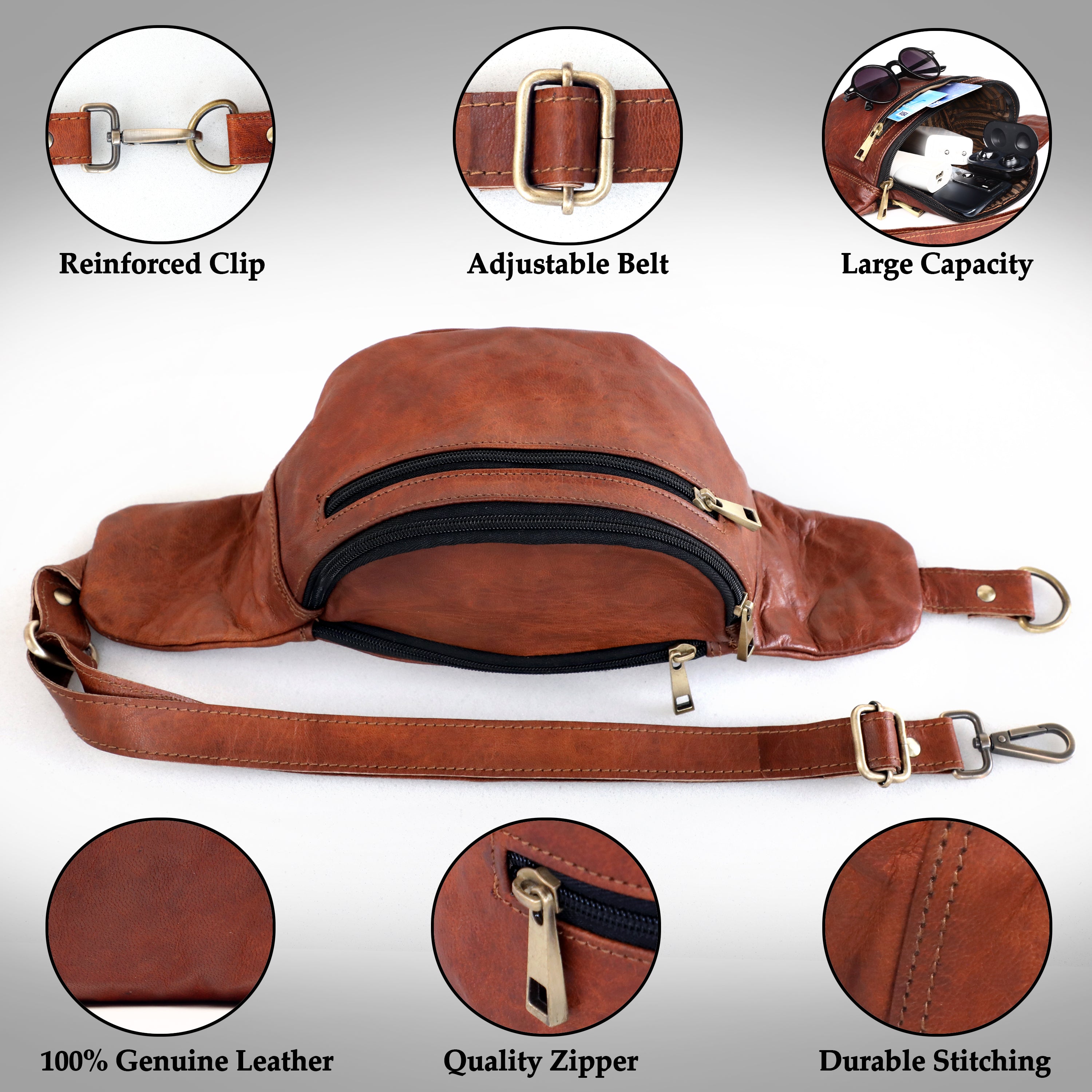 DEKVIO Leather Fanny Pack Belt Bag for Men Women Genuine Leather Waist Bag Crossbody Sling Hands-Free Hip Pack