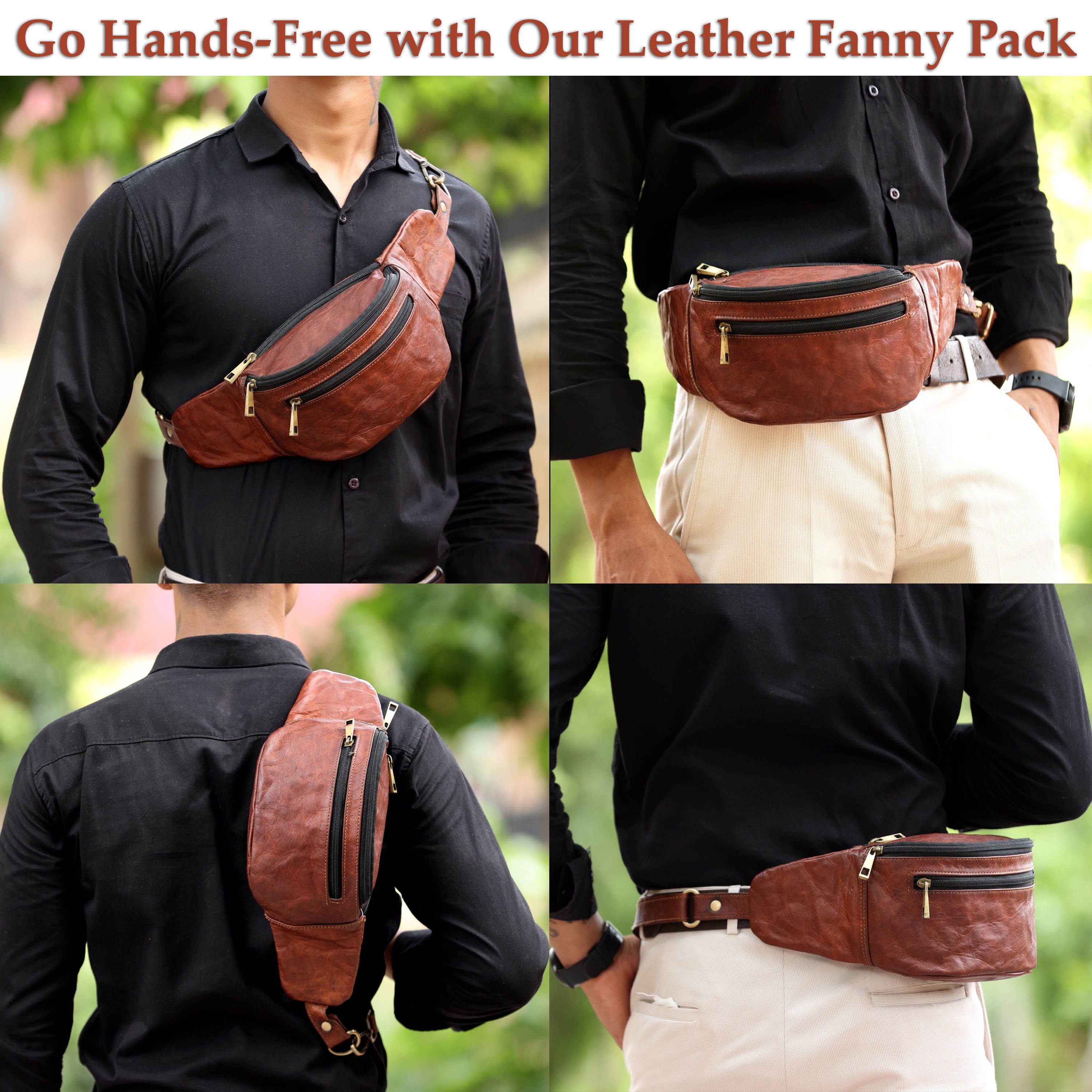 DEKVIO Leather Fanny Pack Belt Bag for Men Women Genuine Leather Waist Bag Crossbody Sling Hands-Free Hip Pack