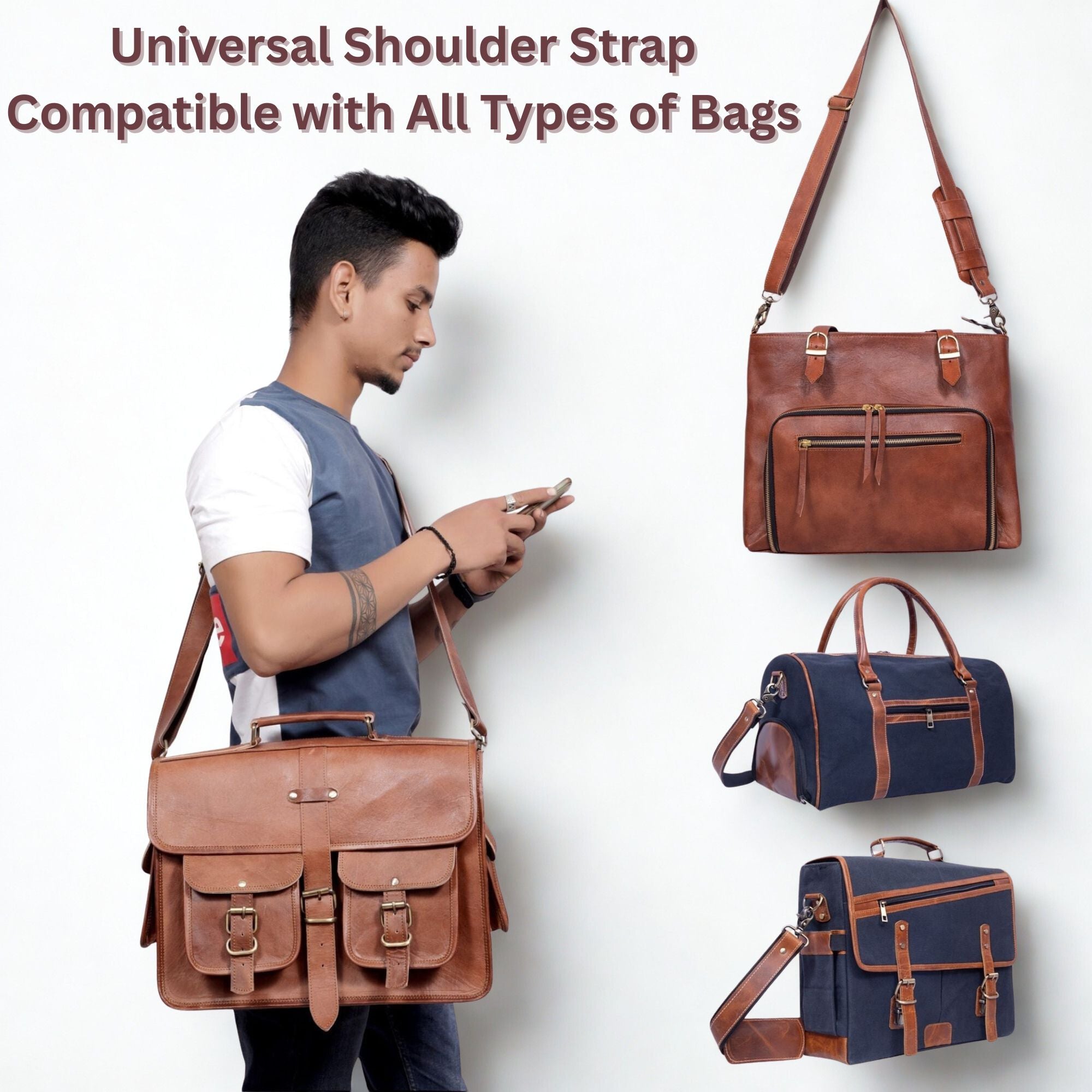 DEKVIO Brown Genuine Leather Replacement Shoulder Strap | Universal Adjustable Crossbody Strap for Duffle, Messenger, Laptop & Briefcase Bags
