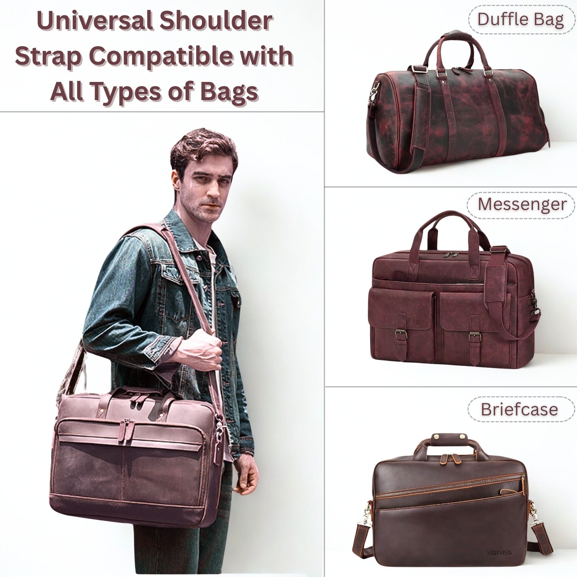 DEKVIO Mahogany Brown Genuine Leather Replacement Shoulder Strap | Universal Adjustable Crossbody Strap for Duffle, Messenger, Laptop & Briefcase Bags