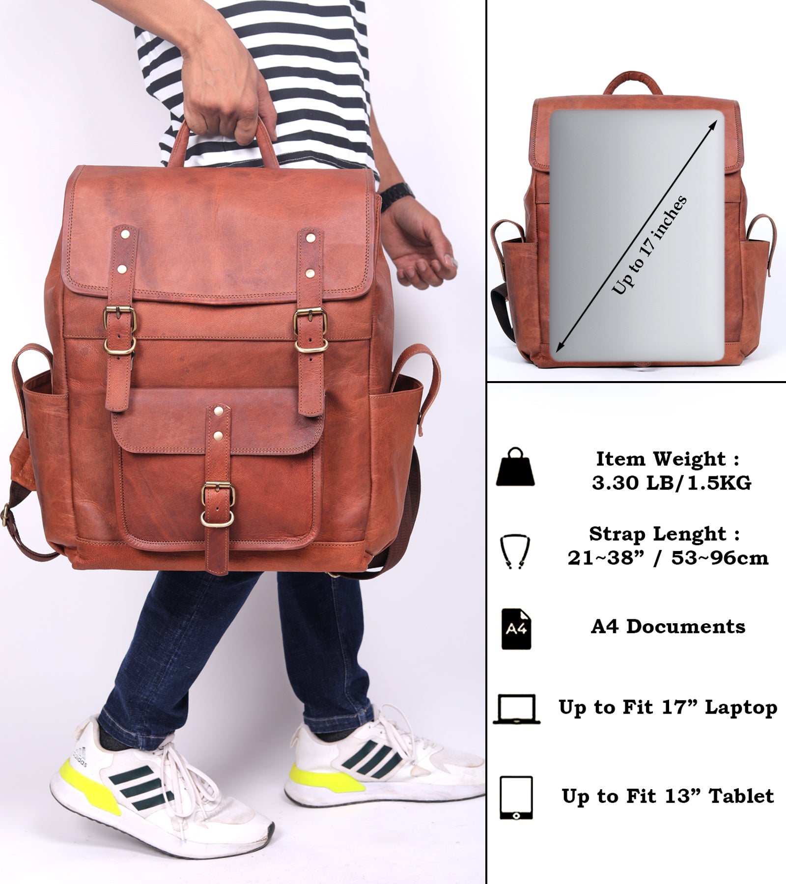 DEKVIO Leather Utility Laptop Backpack | Full Grain Travel & Work Bag