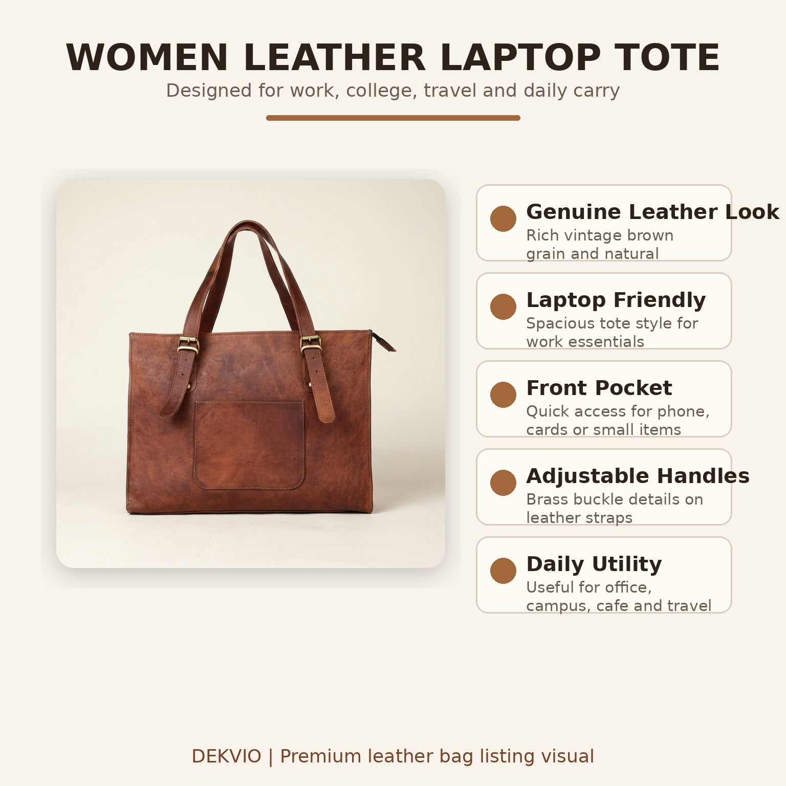 DEKVIO Leather Laptop Tote Bag for Women 15.6 Inch Work Bag Shoulder Handbag with Trolley Sleeve Office Travel Purse
