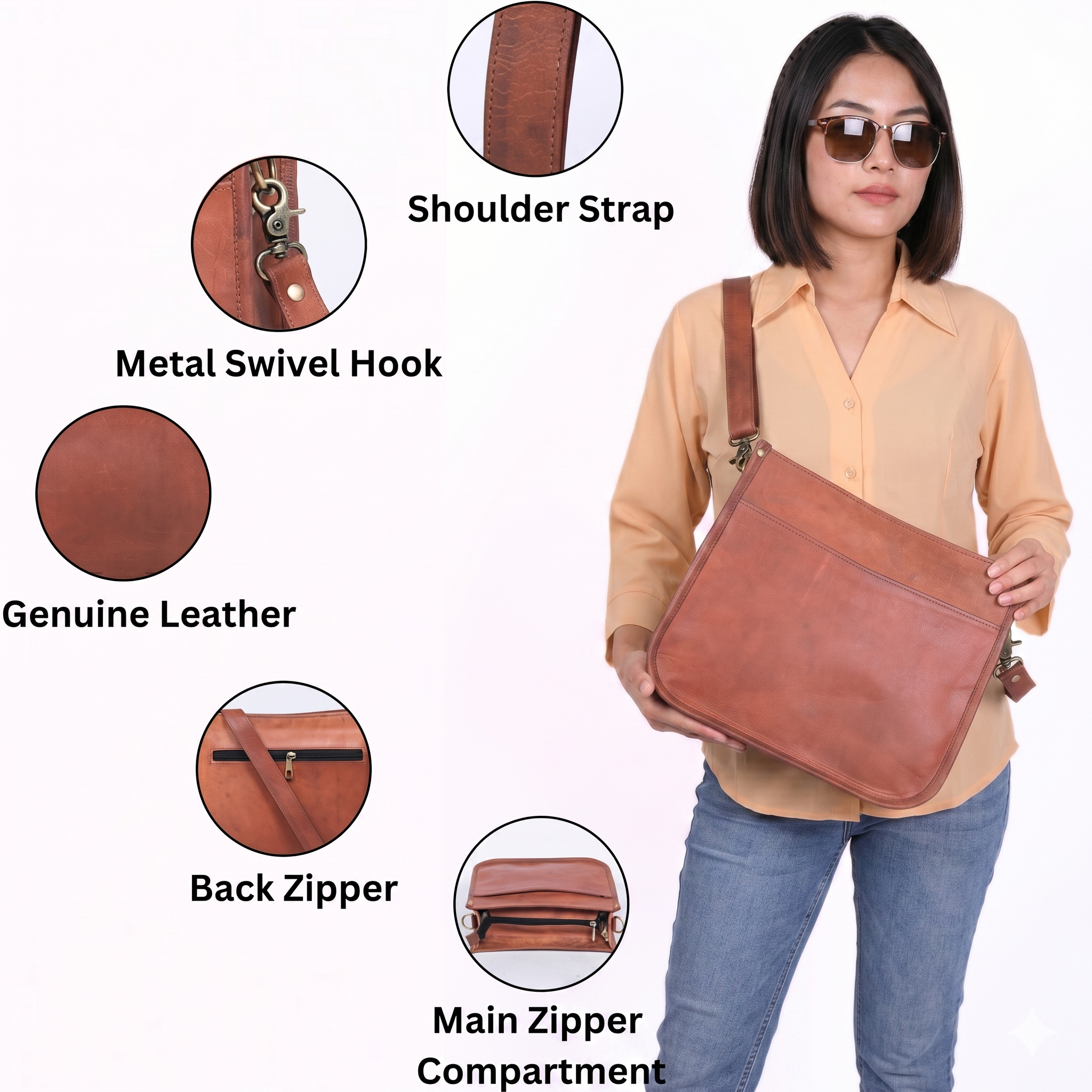 DEKVIO Leather Messenger Crossbody Bag for Women | Full Grain Genuine Leather Shoulder Purse | Adjustable Strap | Brown, Coffee, Tan, Black