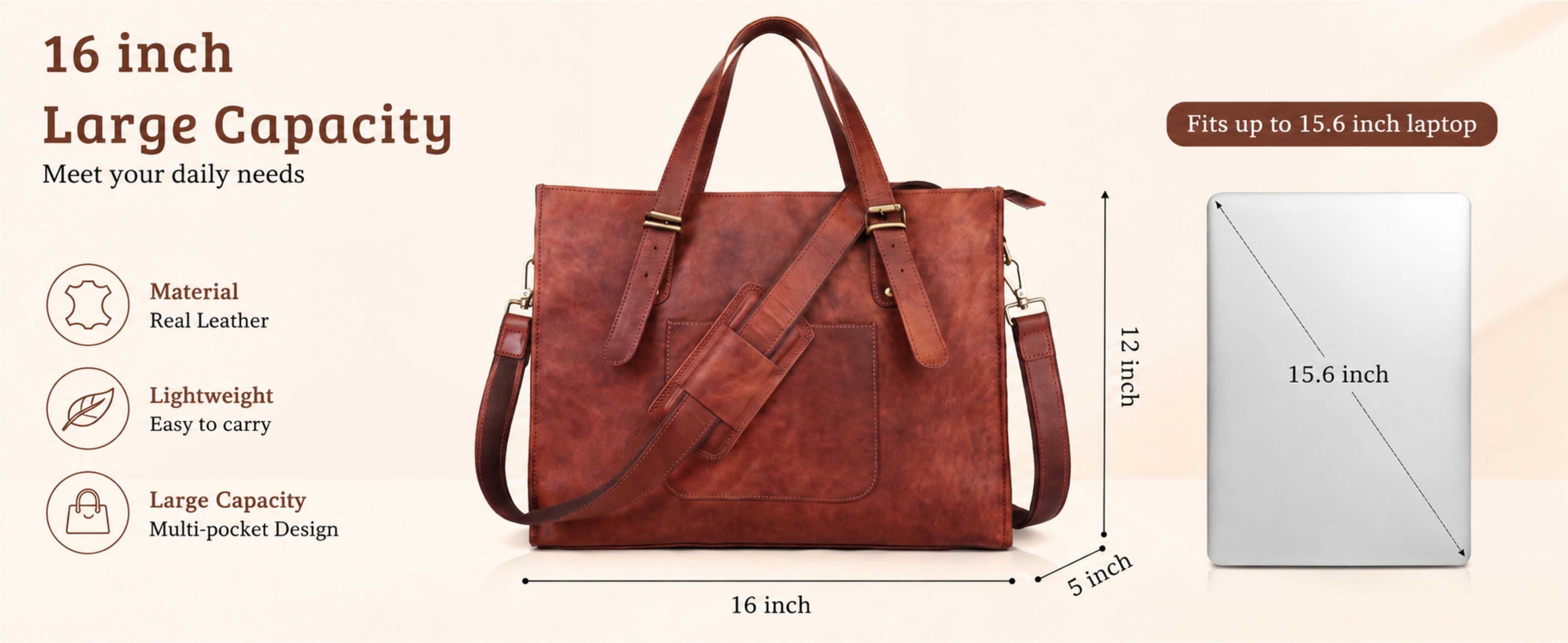 DEKVIO Leather Laptop Tote Bag for Women 15.6 Inch Work Bag Shoulder Handbag with Trolley Sleeve Office Travel Purse