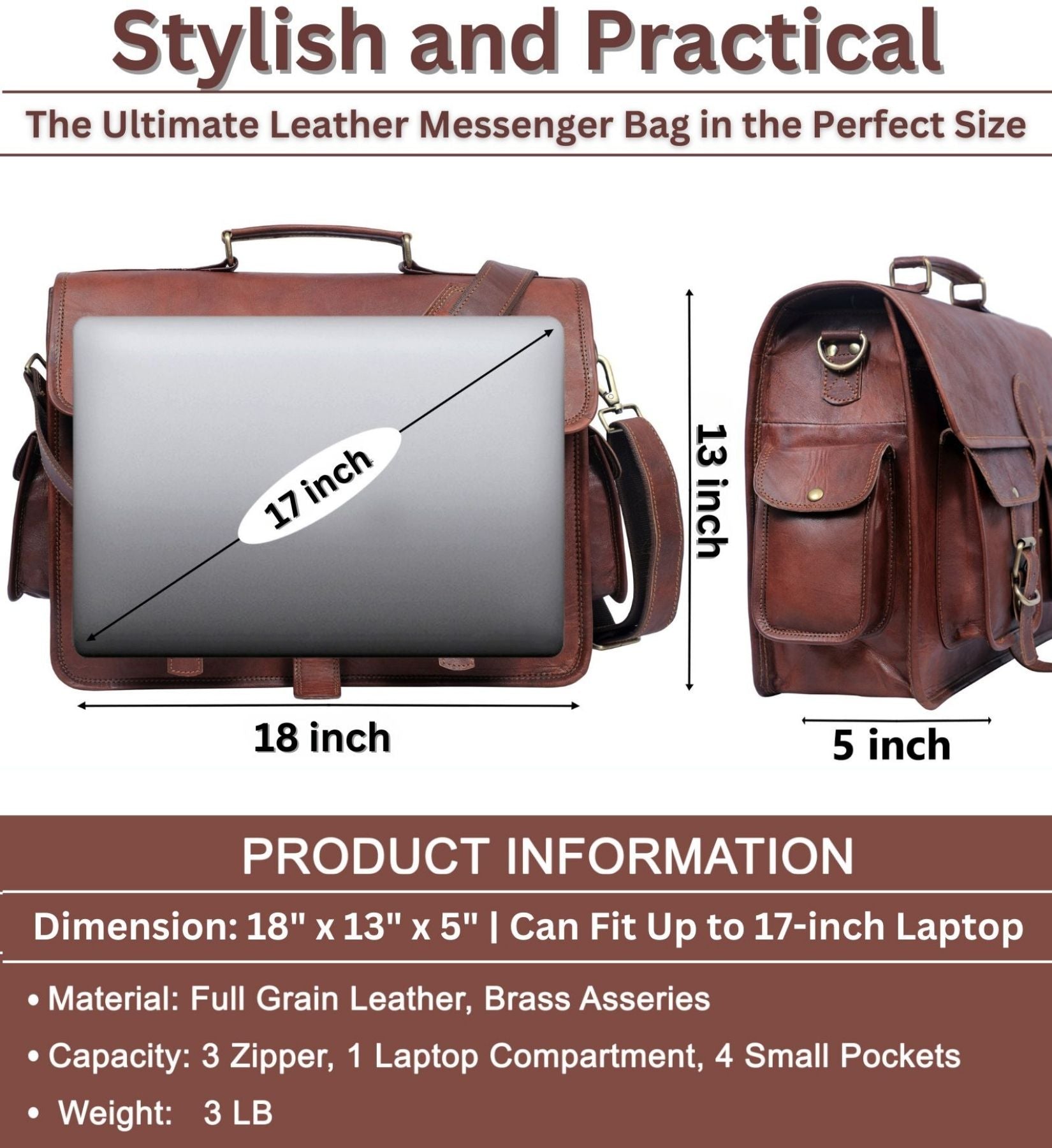DEKVIO Leather Messenger Bag 17 Inch Laptop Briefcase for Men Women XL Vintage Shoulder Bag Office Satchel