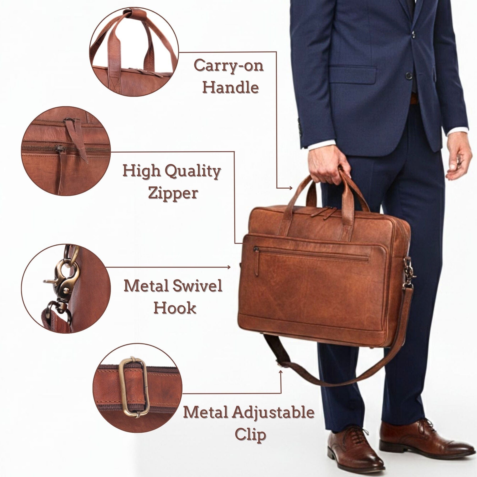 DEKVIO Leather Laptop Briefcase 16 Inch Professional Business Bag for Men Women Modern Work Bag with Trolley Sleeve