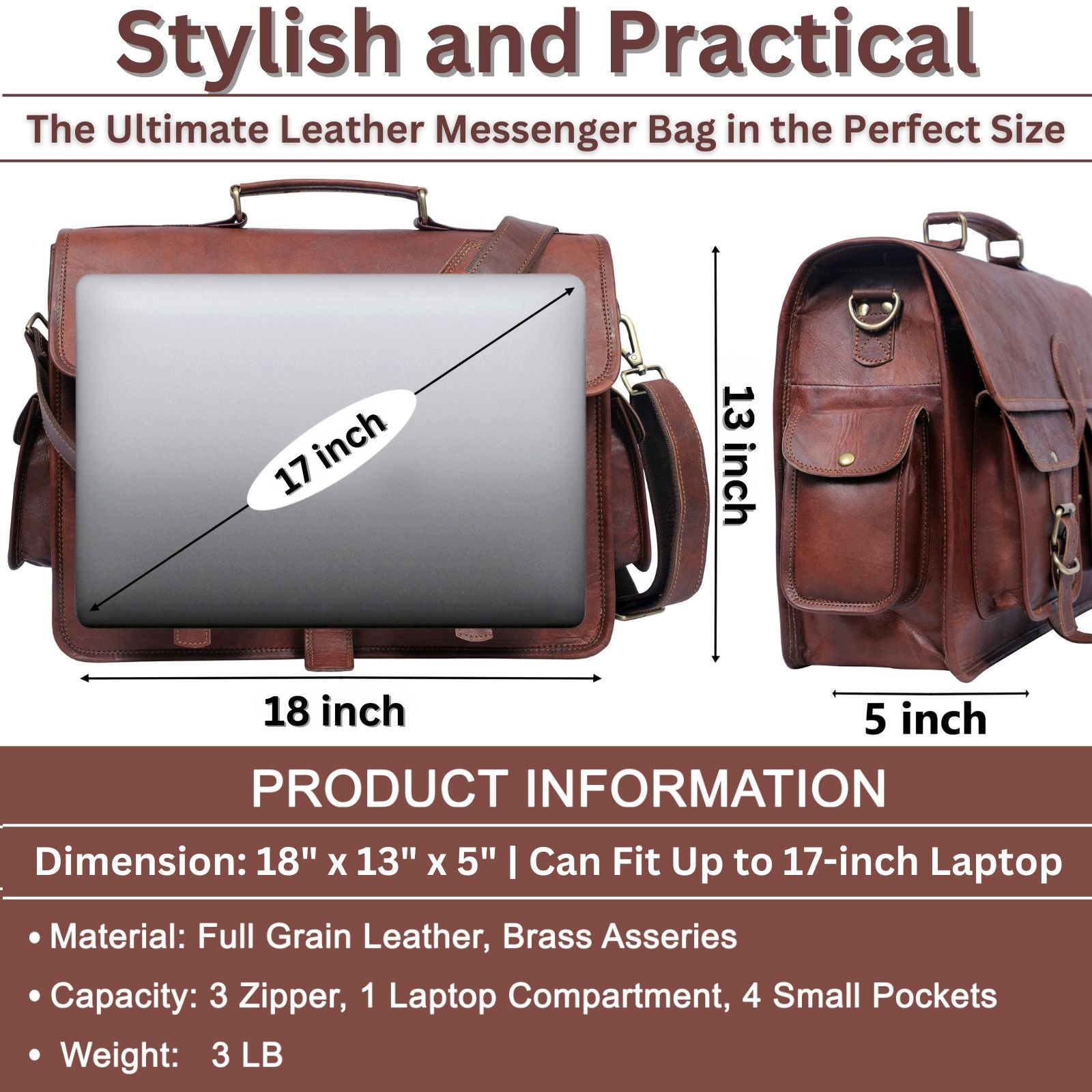 DEKVIO Leather Messenger Bag 17 Inch Laptop Briefcase for Men Women XL Vintage Shoulder Bag Office Satchel
