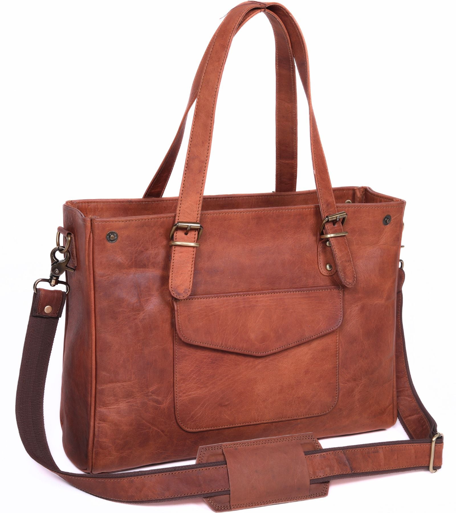 DEKVIO Leather Laptop Tote Bag for Women 15.6 Inch Shoulder Handbag Genuine Leather Work Bag Office Purse with Crossbody Strap