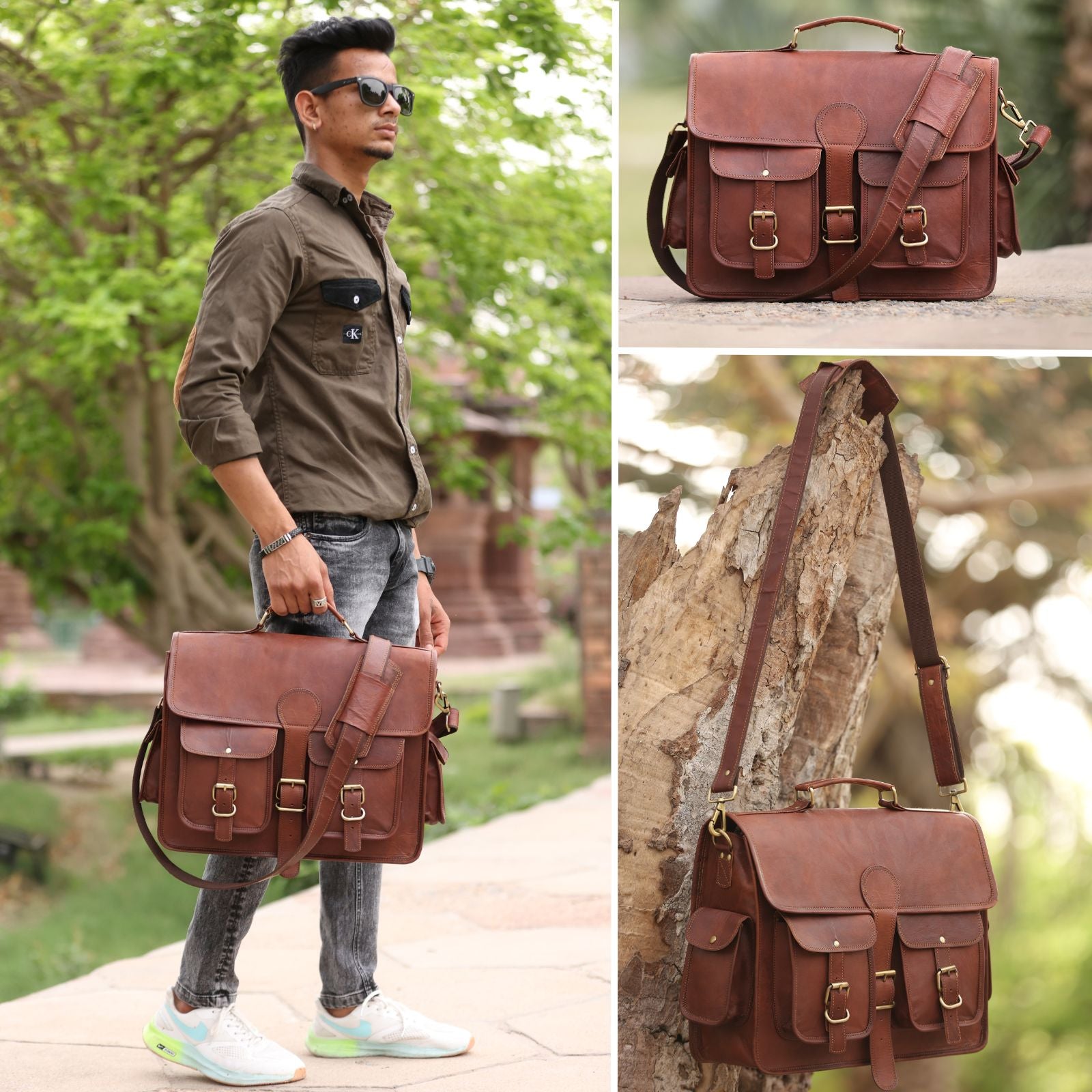 DEKVIO Leather Messenger Bag 17 Inch Laptop Briefcase for Men Women XL Vintage Shoulder Bag Office Satchel