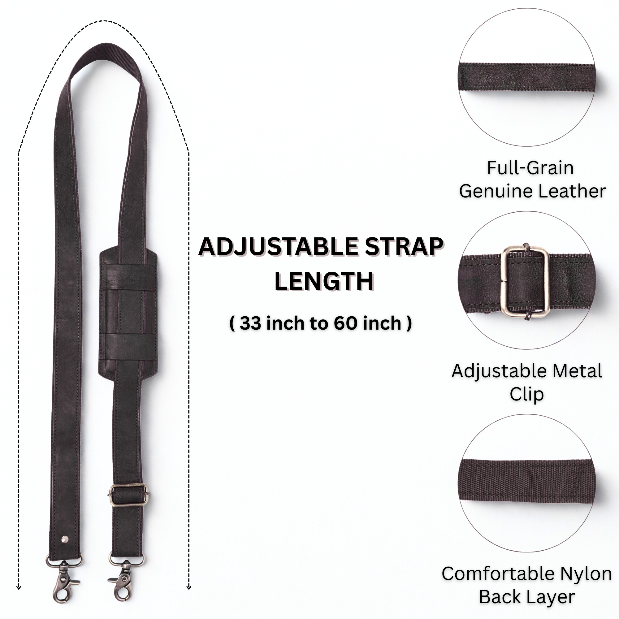 DEKVIO Genuine Leather Replacement Shoulder Strap | Universal Adjustable Crossbody Strap for Duffle, Messenger, Laptop & Briefcase Bags