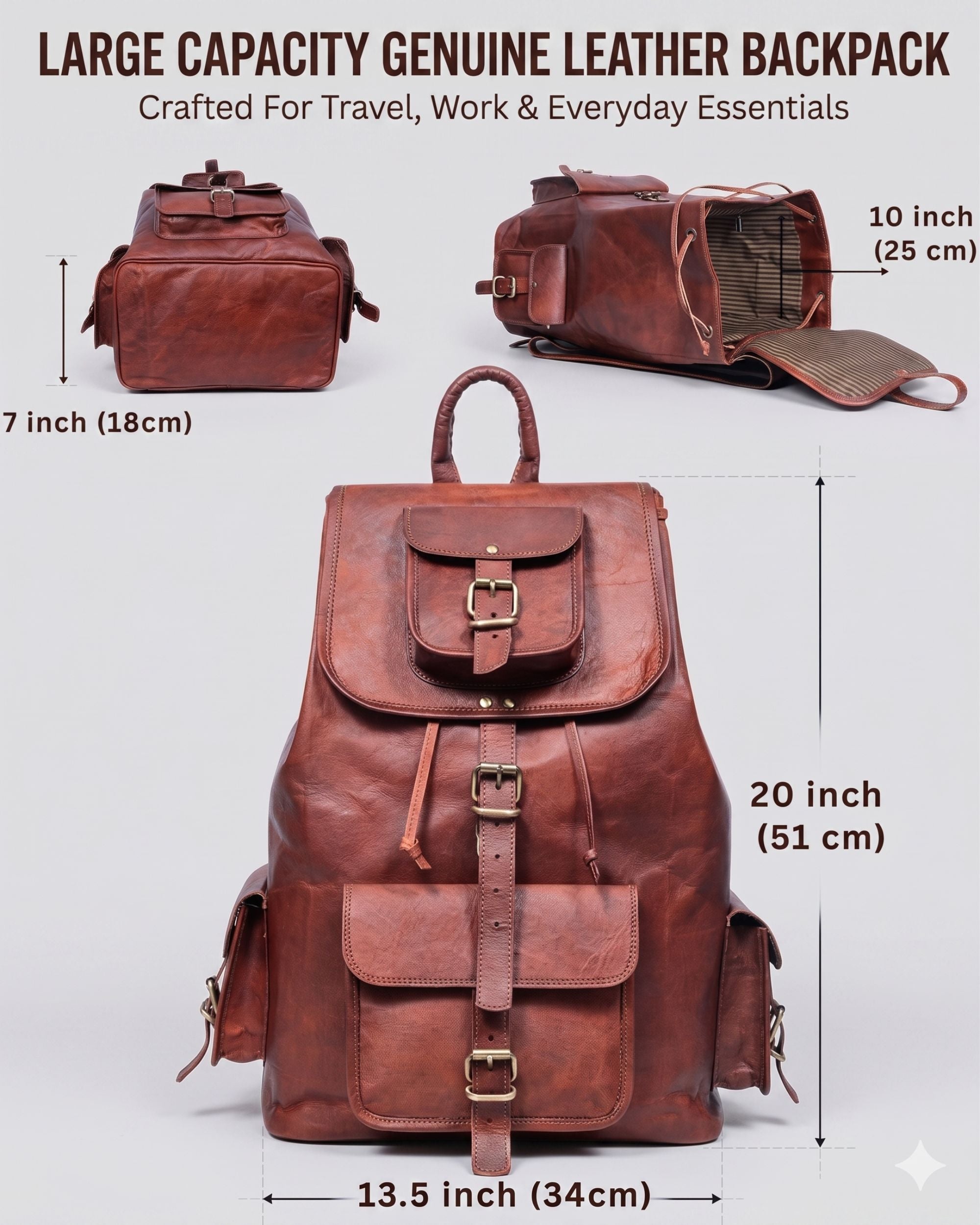 DEKVIO 20" Handcrafted Genuine Leather Backpack | Laptop Rucksack for Men & Women | Travel, Work & College Bag | Brown, Coffee, Tan, Black