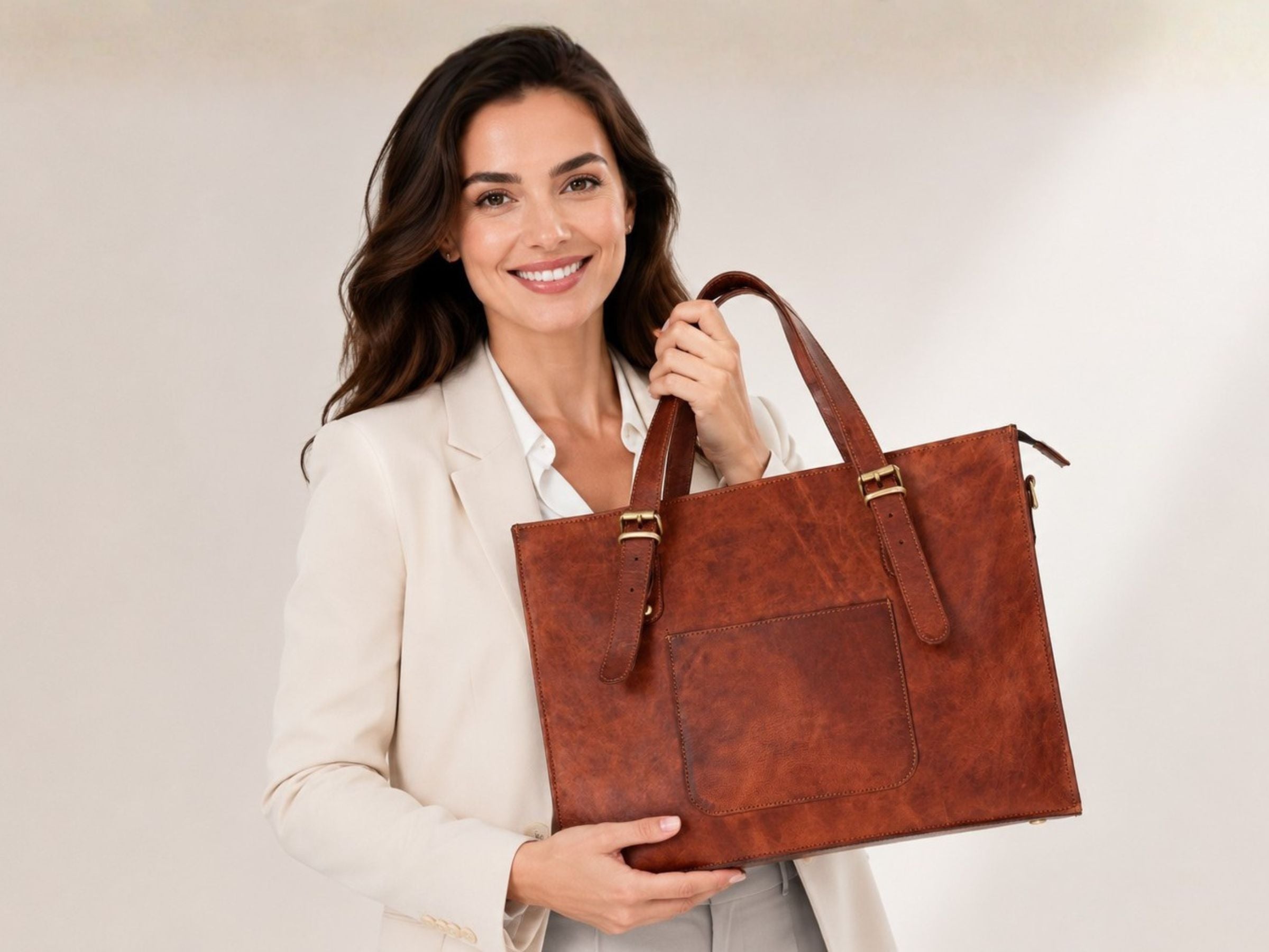 DEKVIO Leather Laptop Tote Bag for Women 15.6 Inch Work Bag Shoulder Handbag with Trolley Sleeve Office Travel Purse