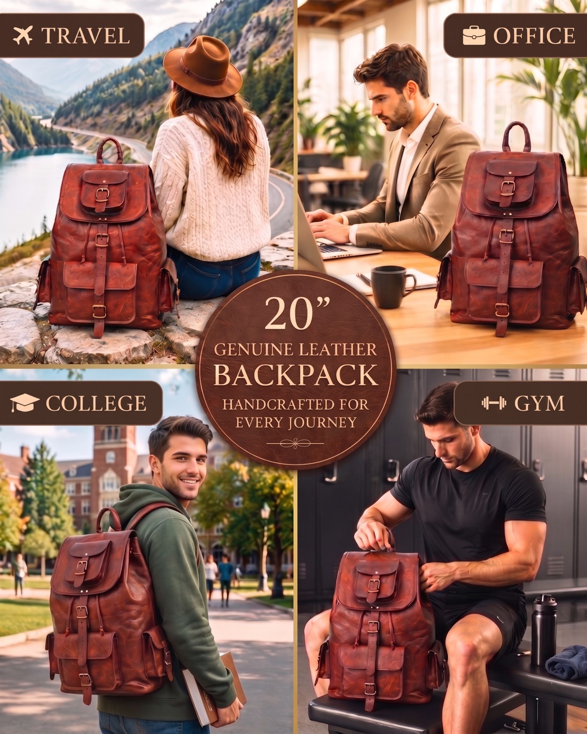 DEKVIO 20" Handcrafted Genuine Leather Backpack | Laptop Rucksack for Men & Women | Travel, Work & College Bag | Brown, Coffee, Tan, Black