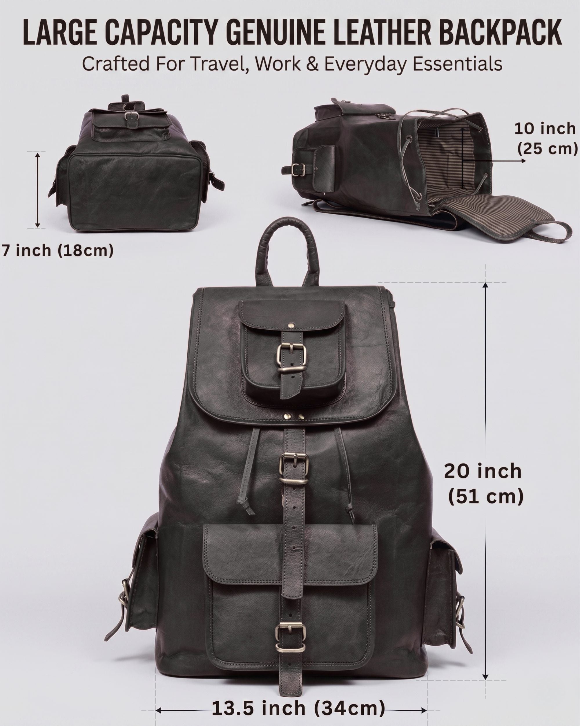 DEKVIO 20" Handcrafted Genuine Leather Backpack | Laptop Rucksack for Men & Women | Travel, Work & College Bag | Brown, Coffee, Tan, Black