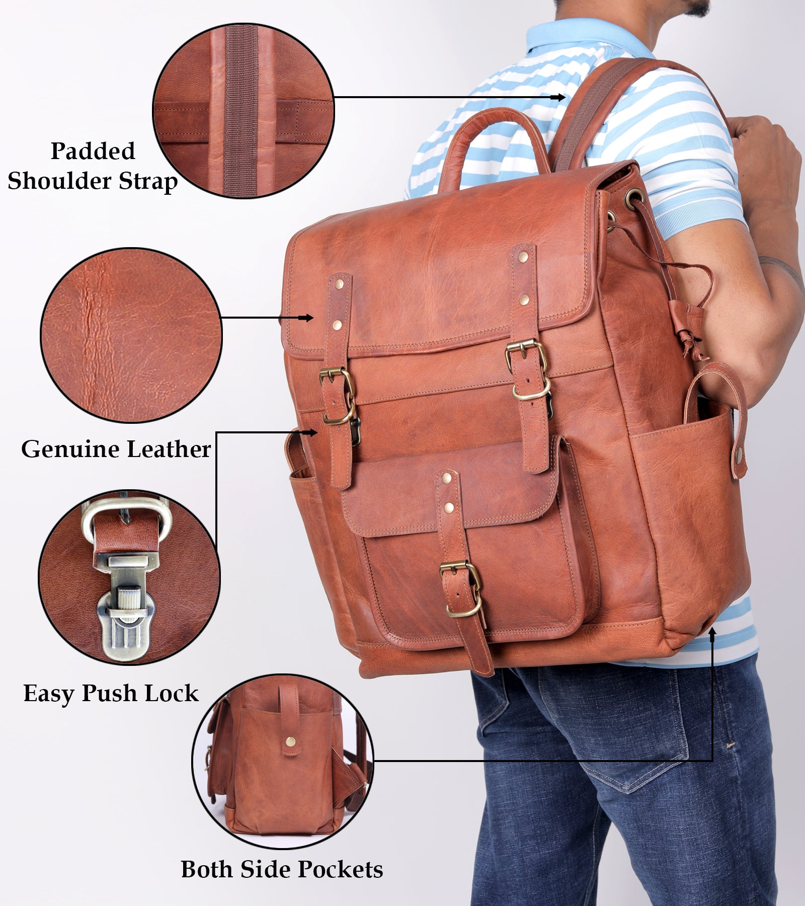 DEKVIO Leather Utility Laptop Backpack | Full Grain Travel & Work Bag