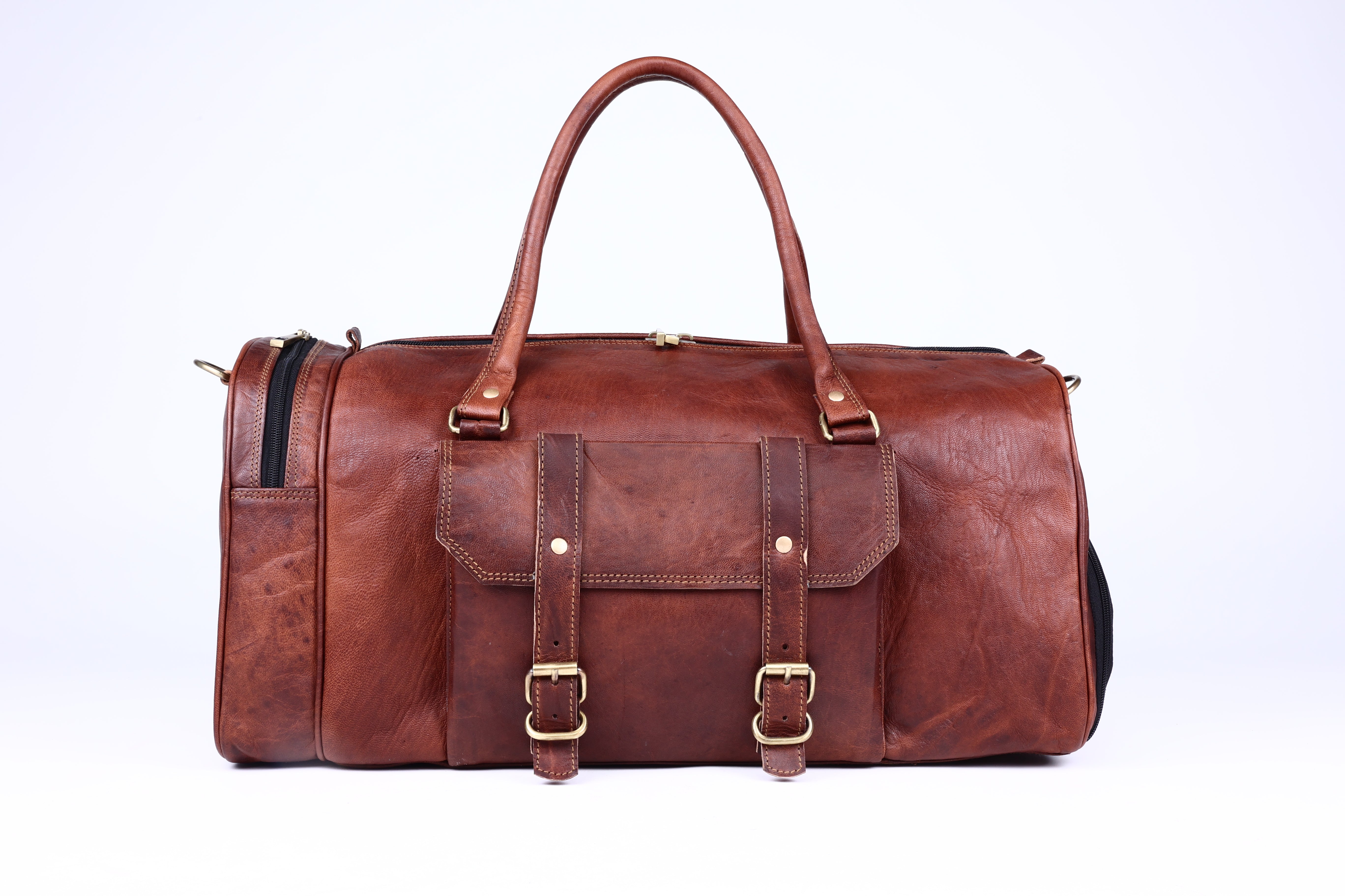 DEKVIO Leather Gym Duffle Bag with Shoe Compartment | Handcrafted Genuine Leather Weekender | Men & Women | Brown, Coffee, Tan, Black