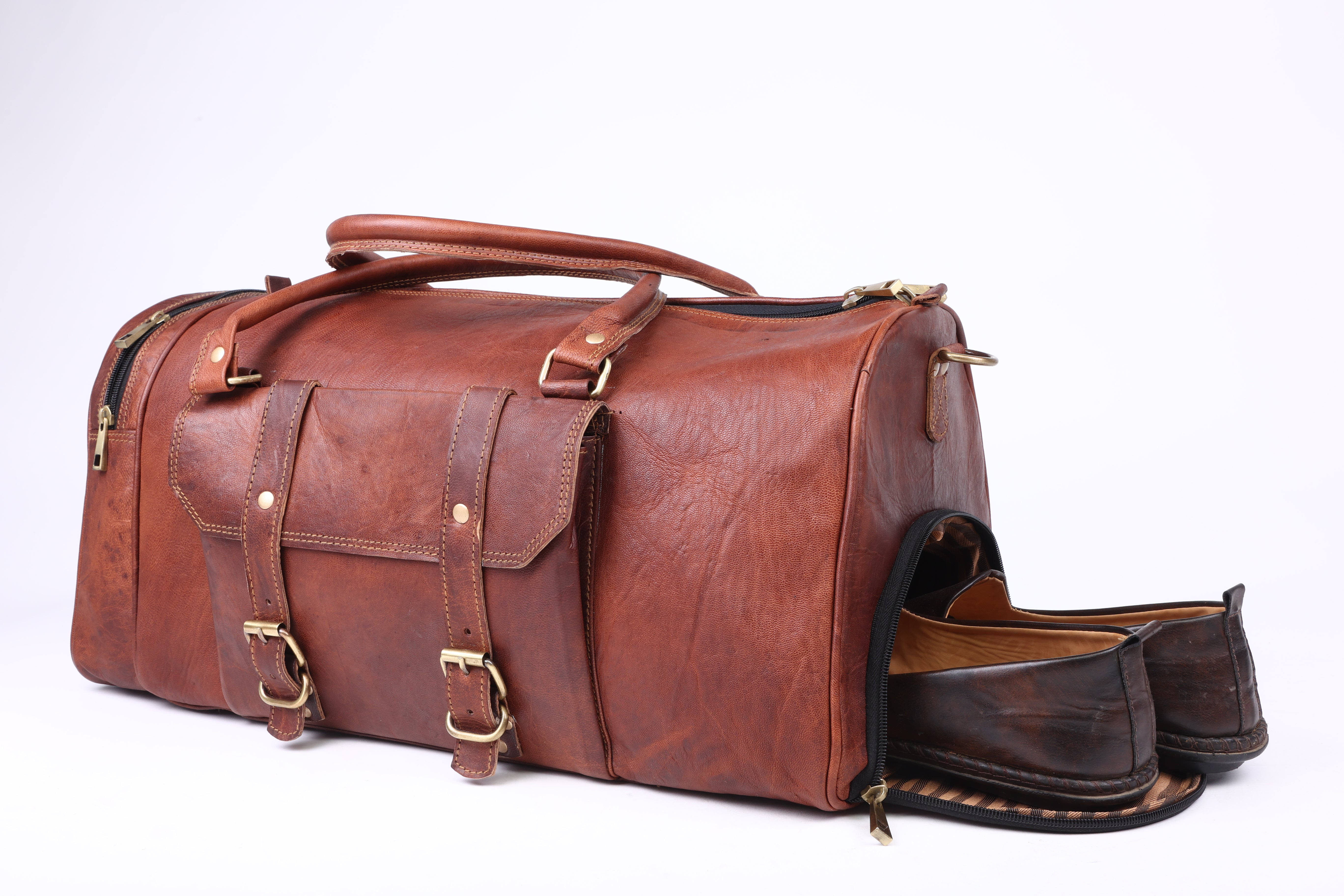 DEKVIO Leather Gym Duffle Bag with Shoe Compartment | Handcrafted Genuine Leather Weekender | Men & Women | Brown, Coffee, Tan, Black