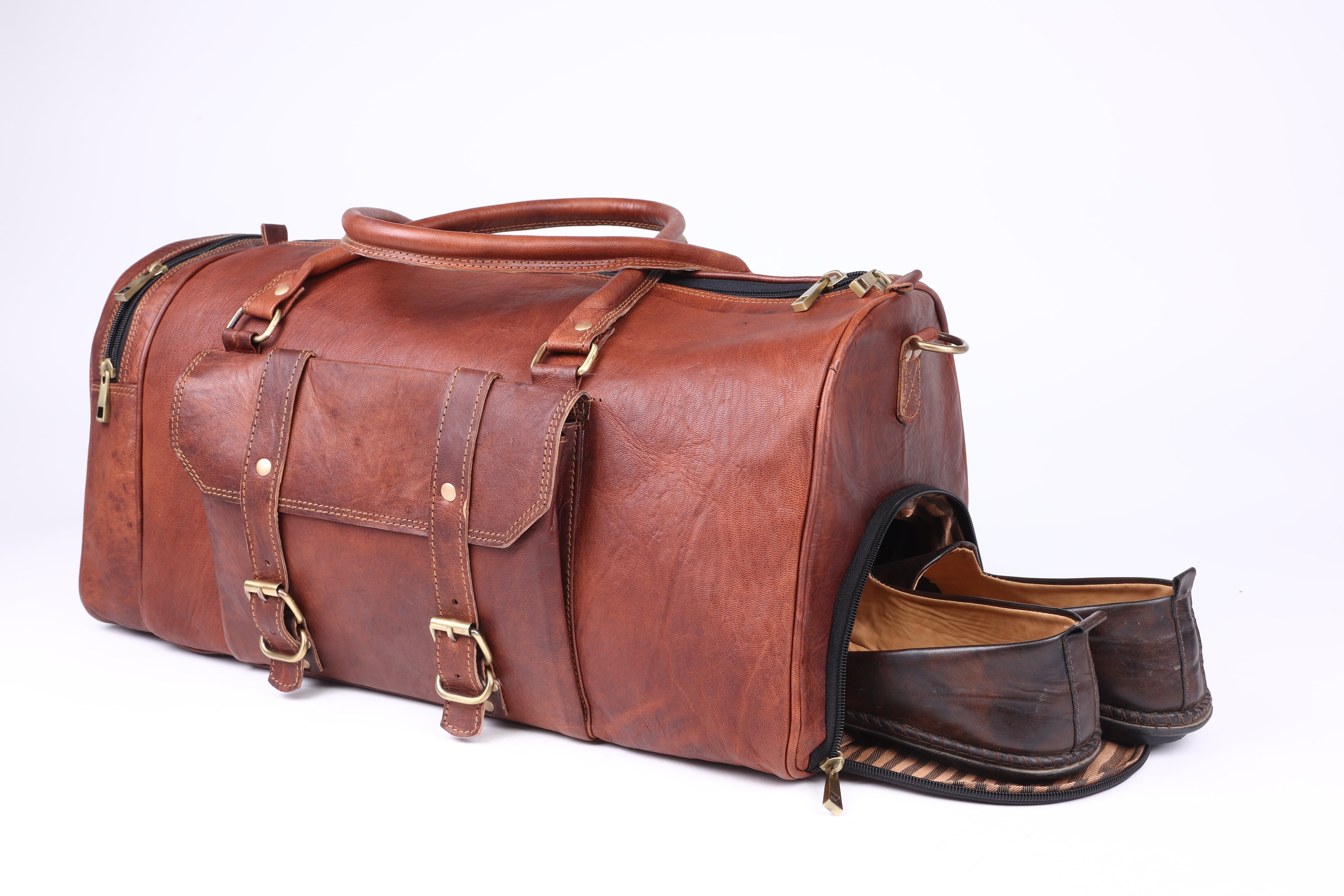 DEKVIO Leather Gym Duffle Bag with Shoe Compartment | Handcrafted Genuine Leather Weekender | Men & Women | Brown, Coffee, Tan, Black