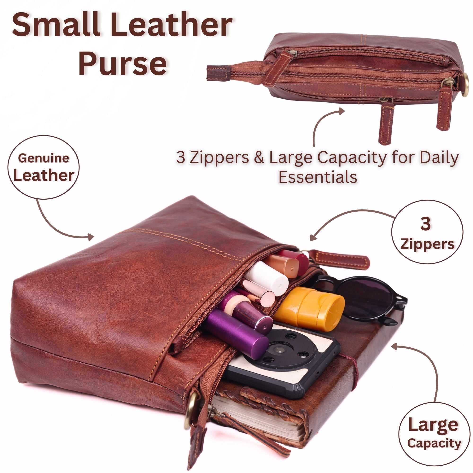 DEKVIO Small Genuine Leather Crossbody Purse for Women | 3-Zip Vintage Leather Shoulder Bag | Brown, Coffee, Tan, Black