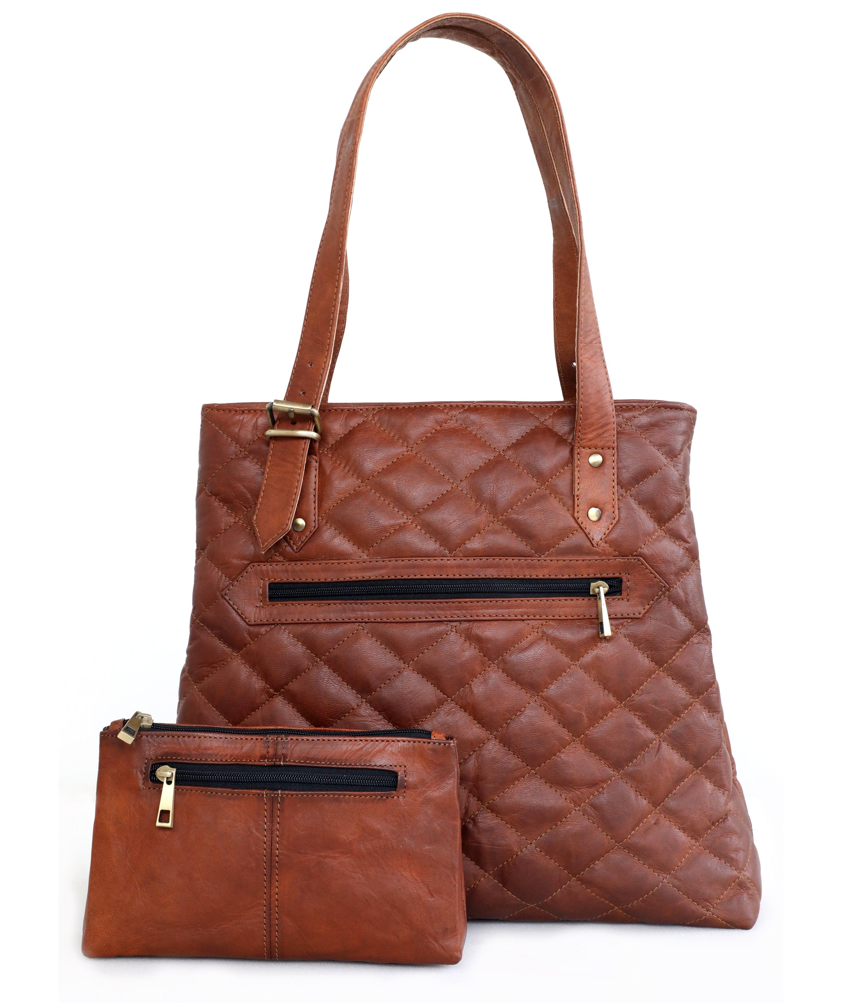 DEKVIO Quilted Leather Tote Bag for Women with Matching Clutch Pouch Genuine Leather Shoulder Handbag for Work Travel