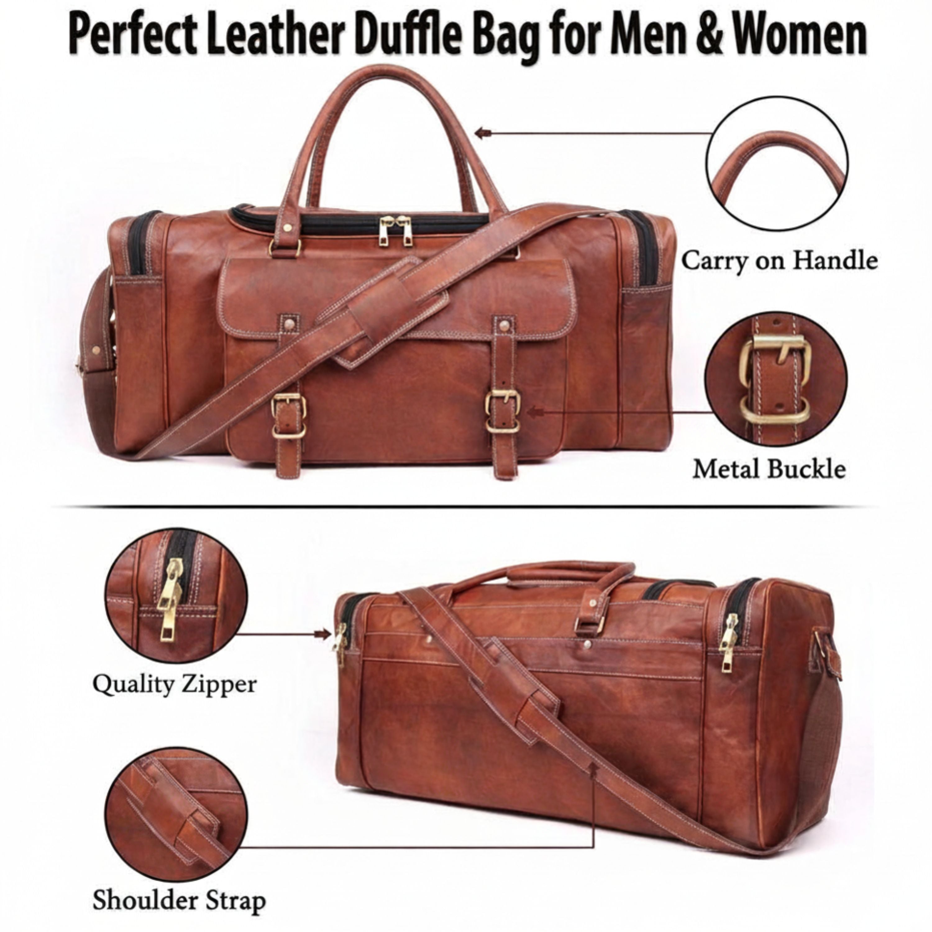 DEKVIO 24" Handcrafted Genuine Leather Duffle Bag | Vintage Travel Holdall | Men & Women | Brown, Coffee, Tan, Black