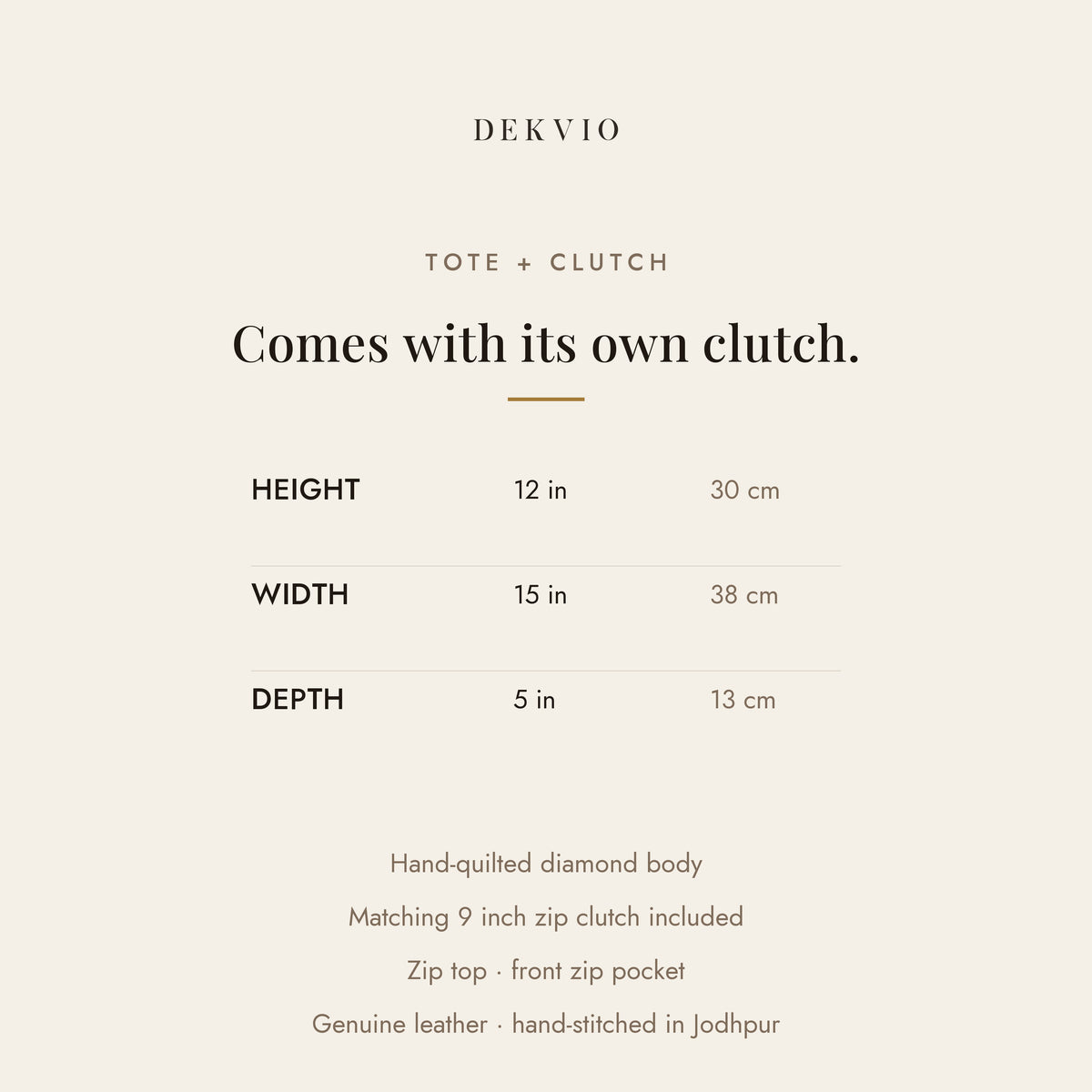 DEKVIO size guide: 15 x 12 x 5 inch quilted leather tote with matching clutch