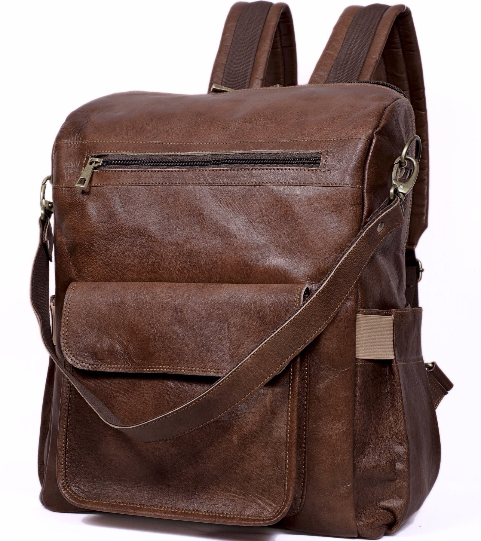 DEKVIO 16 inch leather backpack for women in Coffee dark brown, front view
