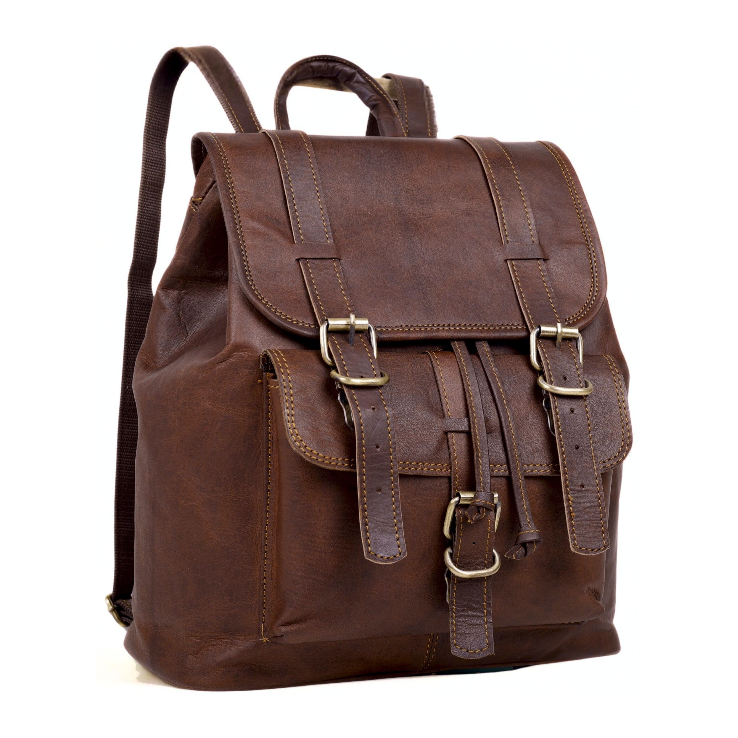 DEKVIO 17 inch Explorer leather backpack in Coffee dark brown, front view