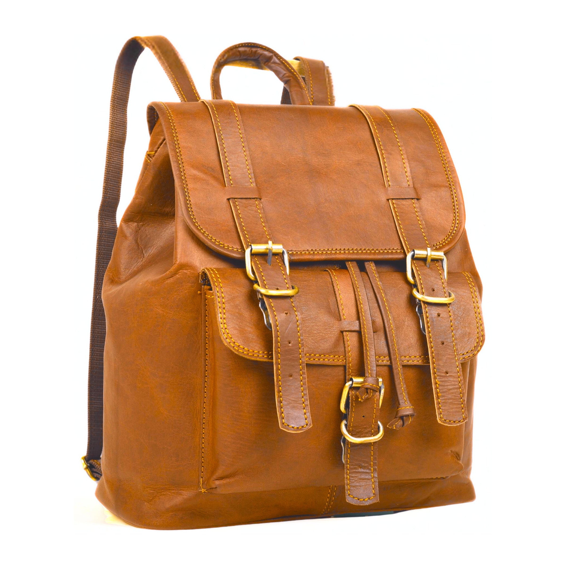 DEKVIO 17 inch Explorer leather backpack in Tan, front view