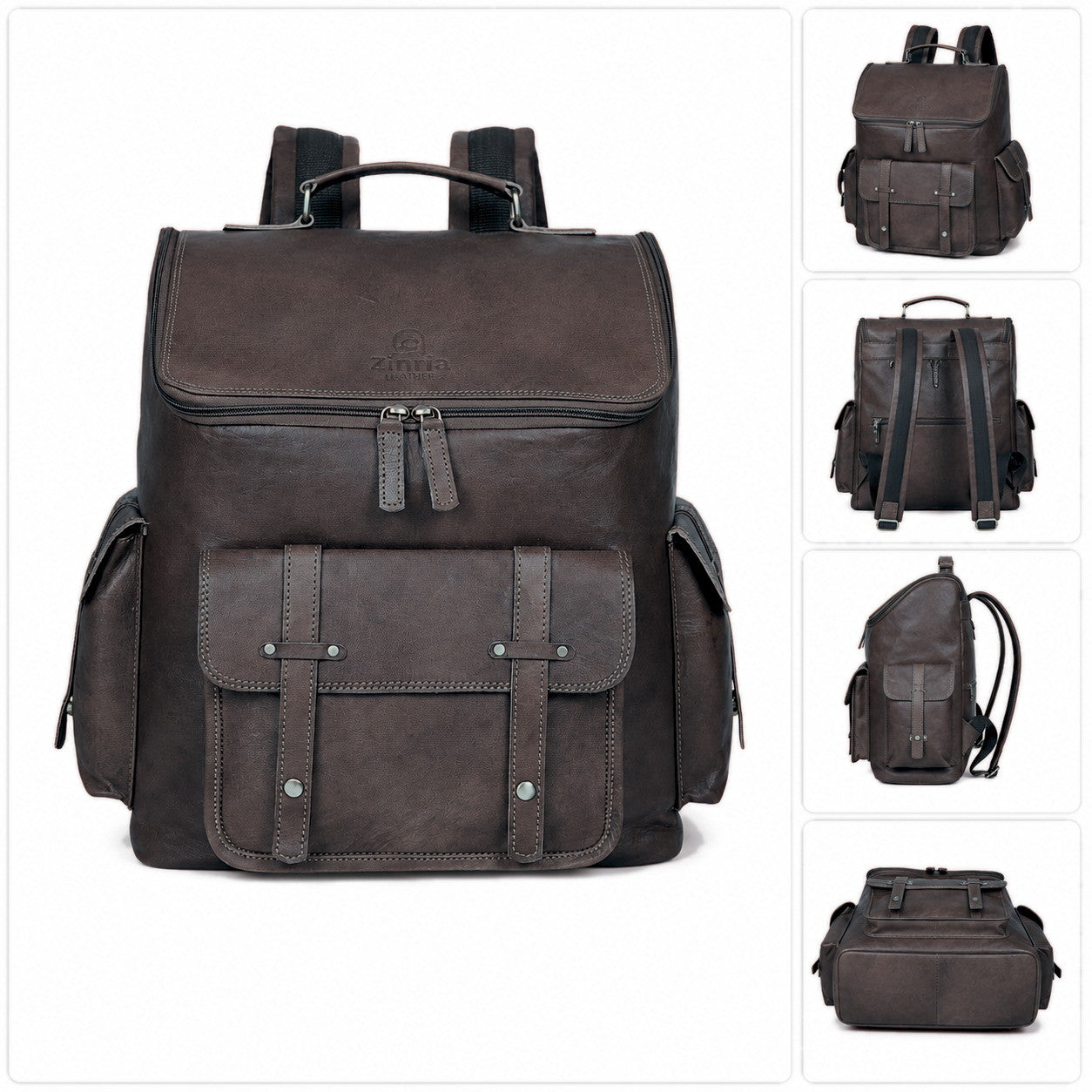 DEKVIO 17 inch Vintage leather backpack in Black, all views