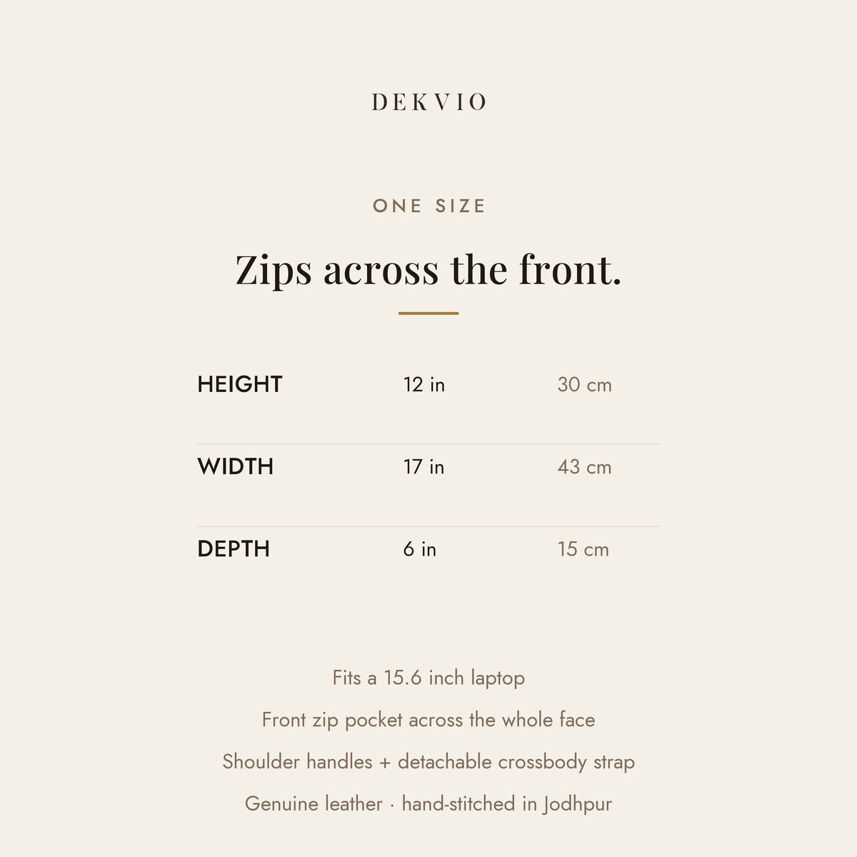 DEKVIO size guide: 17 x 12 x 6 inch zip-front leather laptop tote