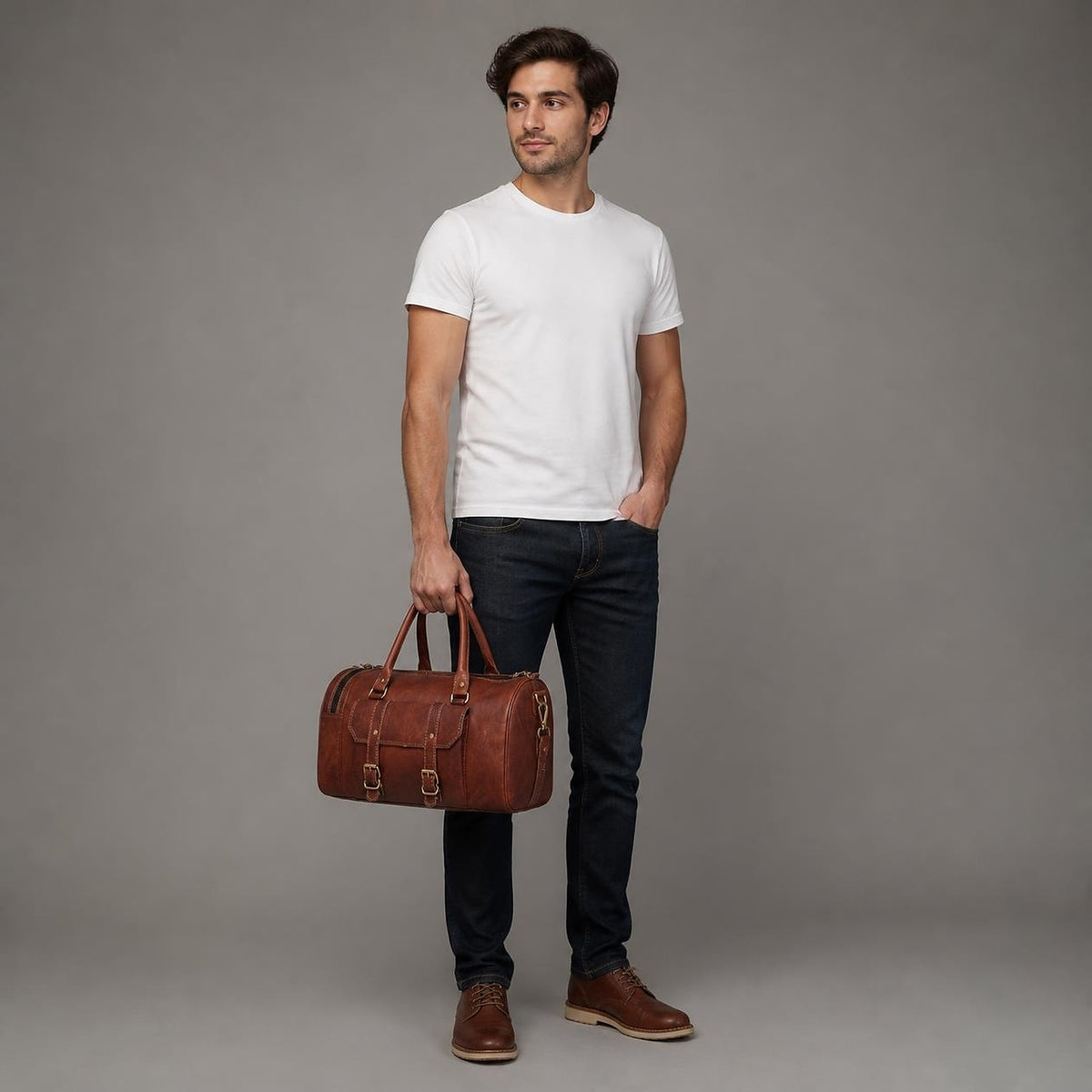 Full-length studio shot showing the gym duffle at its true 18-inch size
