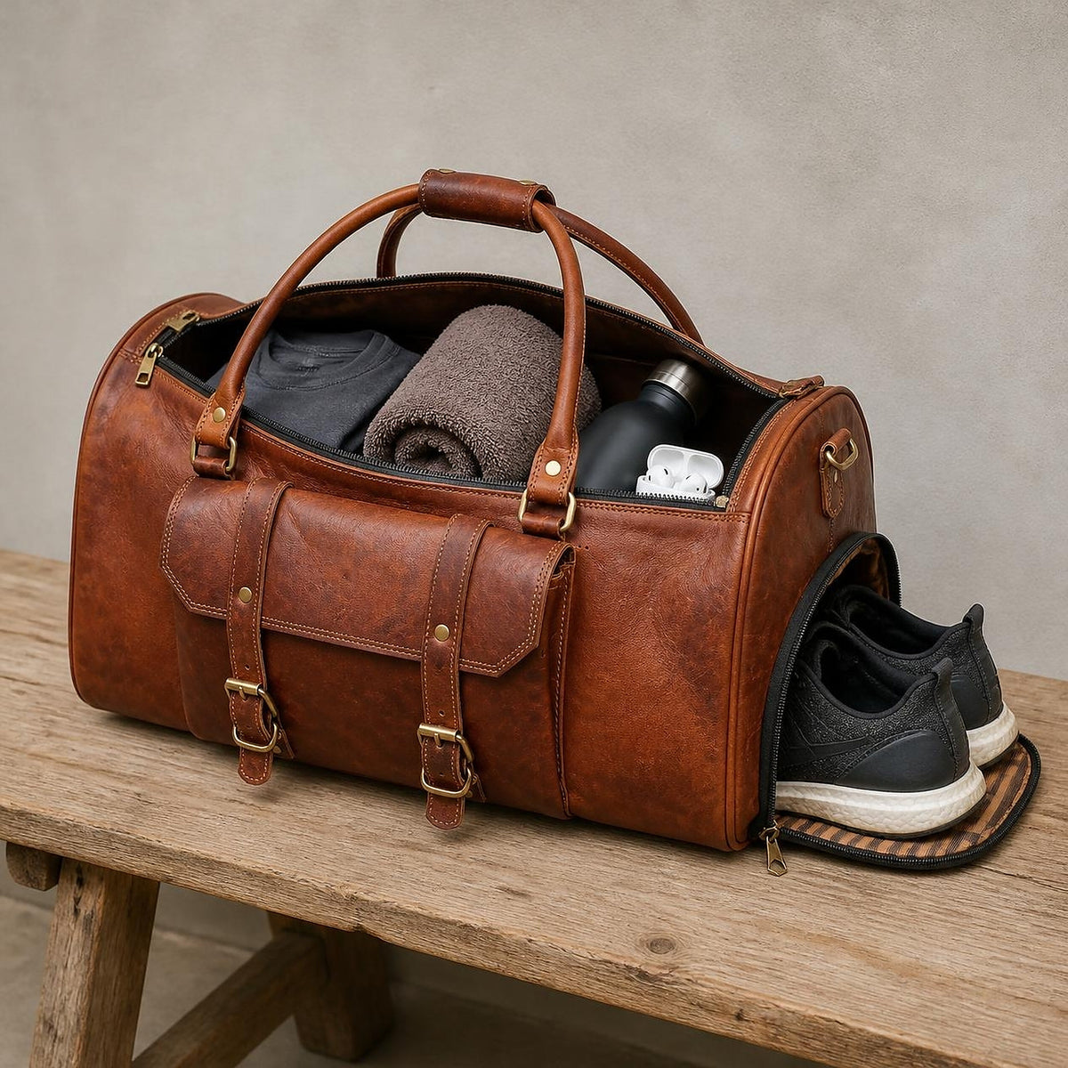 The duffle packed with a gym kit, trainers in the separate end compartment