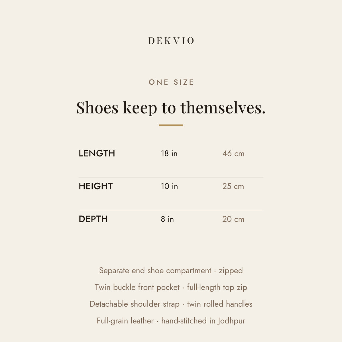 DEKVIO size card: 18 x 10 x 8 inches, separate zipped shoe compartment