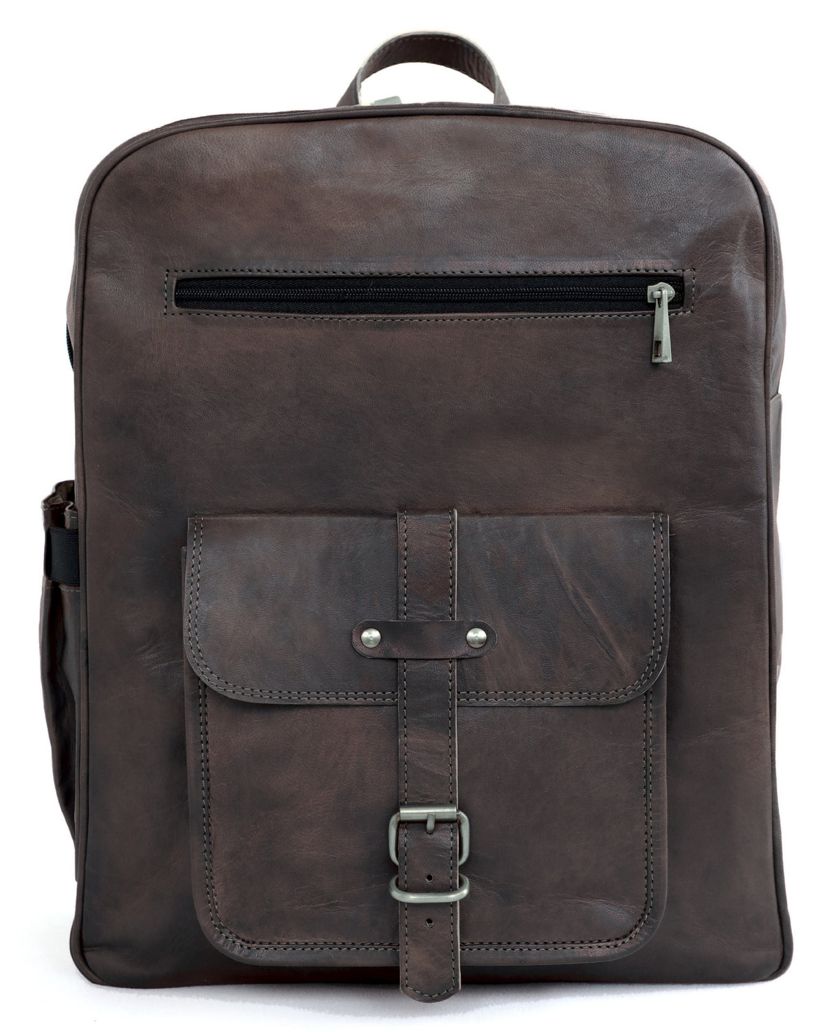 DEKVIO 18 inch leather backpack in Black, front view