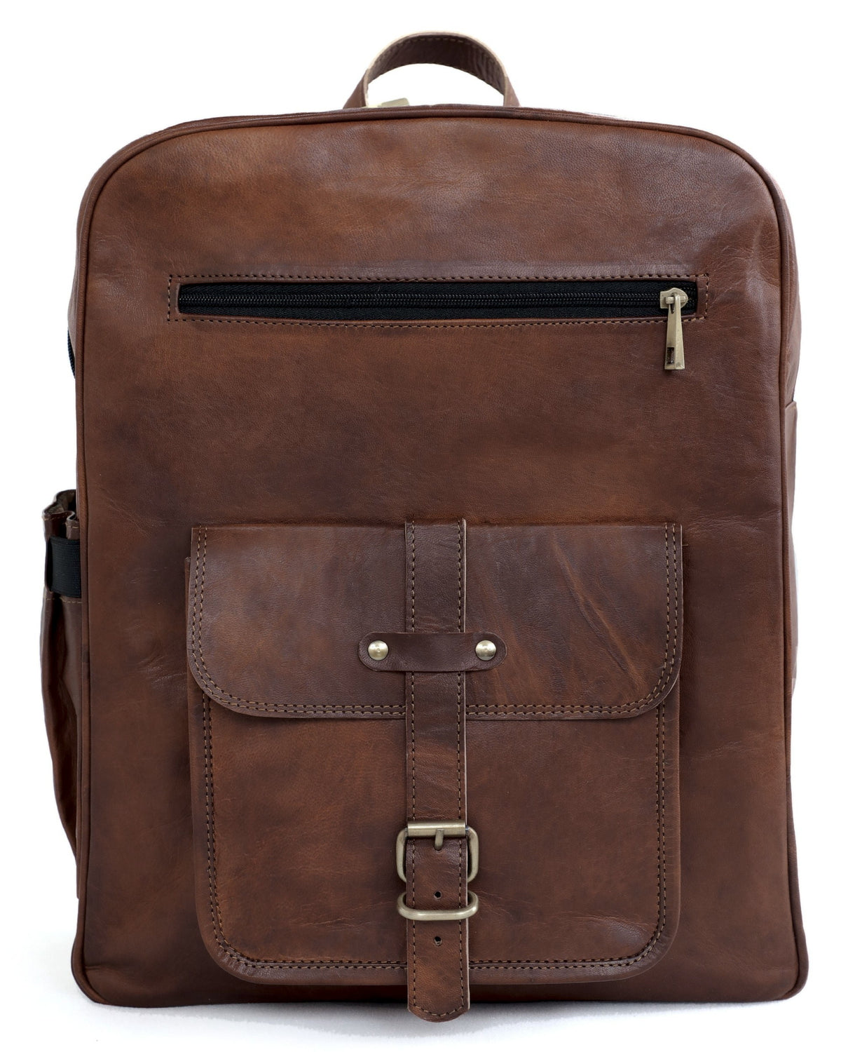 DEKVIO 18 inch leather backpack in Coffee dark brown, front view