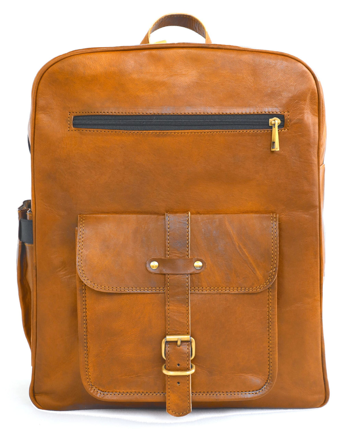 DEKVIO 18 inch leather backpack in Tan, front view