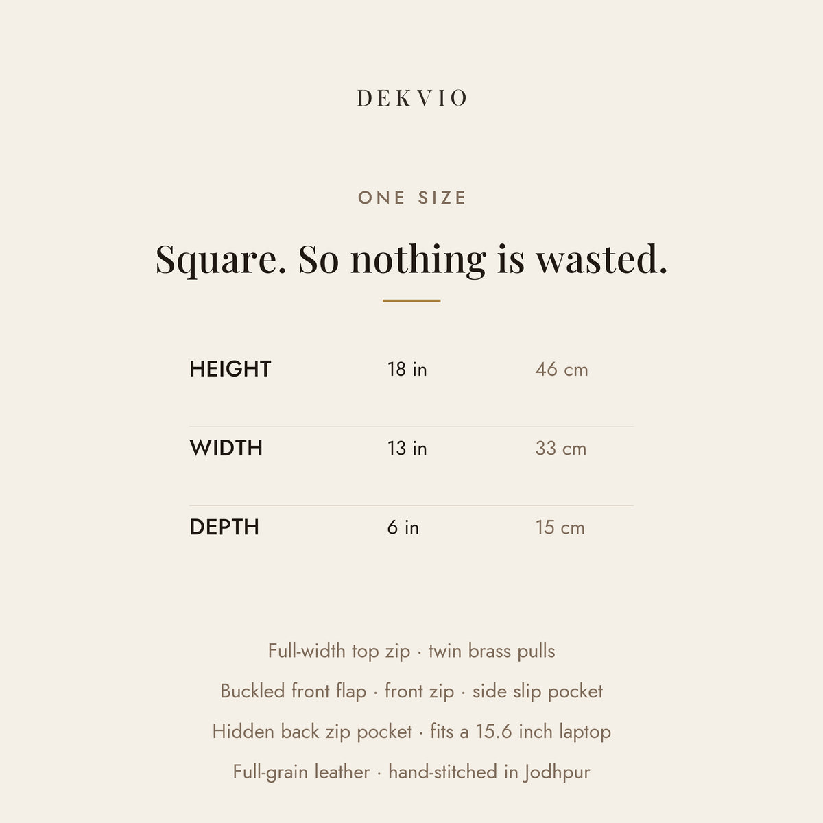 DEKVIO size guide: 18 x 13 x 6 inches, full-width top zip, buckled flap pocket