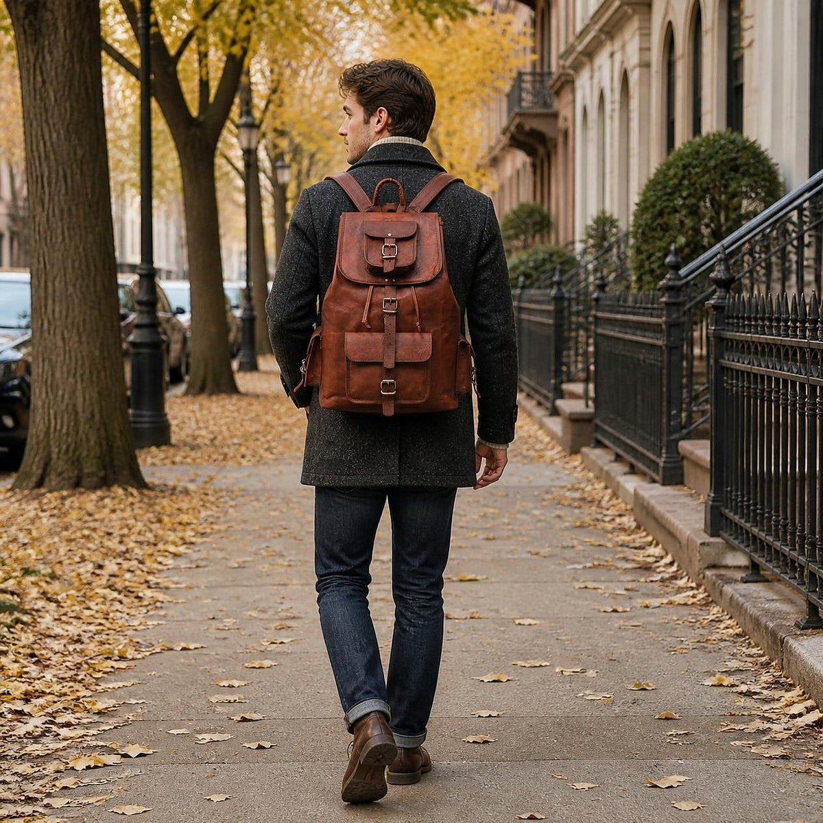 Man wearing the DEKVIO brown leather drawstring rucksack on a city street