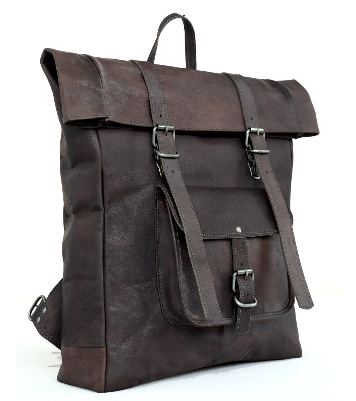 DEKVIO 20 inch roll-top leather backpack in Black, front view