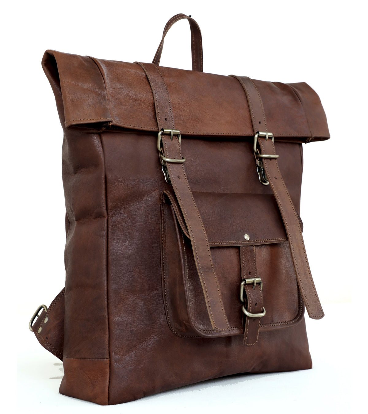 DEKVIO 20 inch roll-top leather backpack in Coffee dark brown, front view