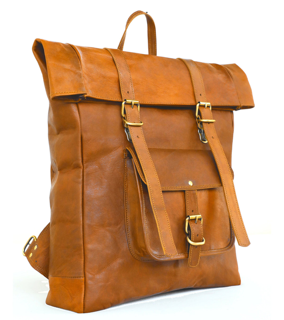 DEKVIO 20 inch roll-top leather backpack in Tan, front view