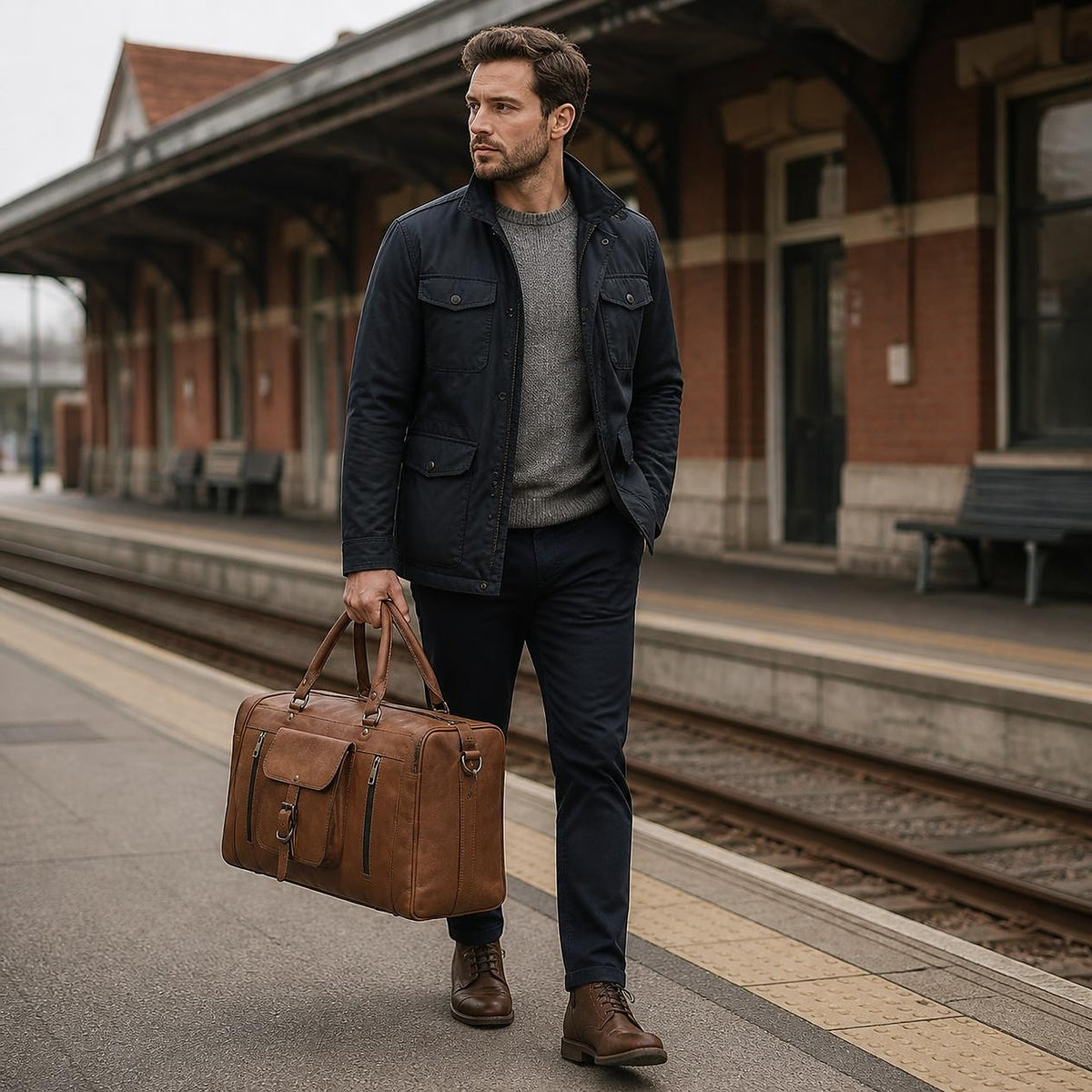 Man carrying the DEKVIO tan square leather holdall along a station platform