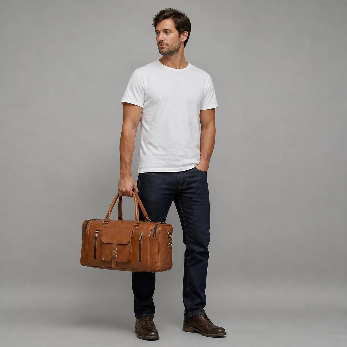 Full-length studio shot showing the square holdall at its true 24-inch size