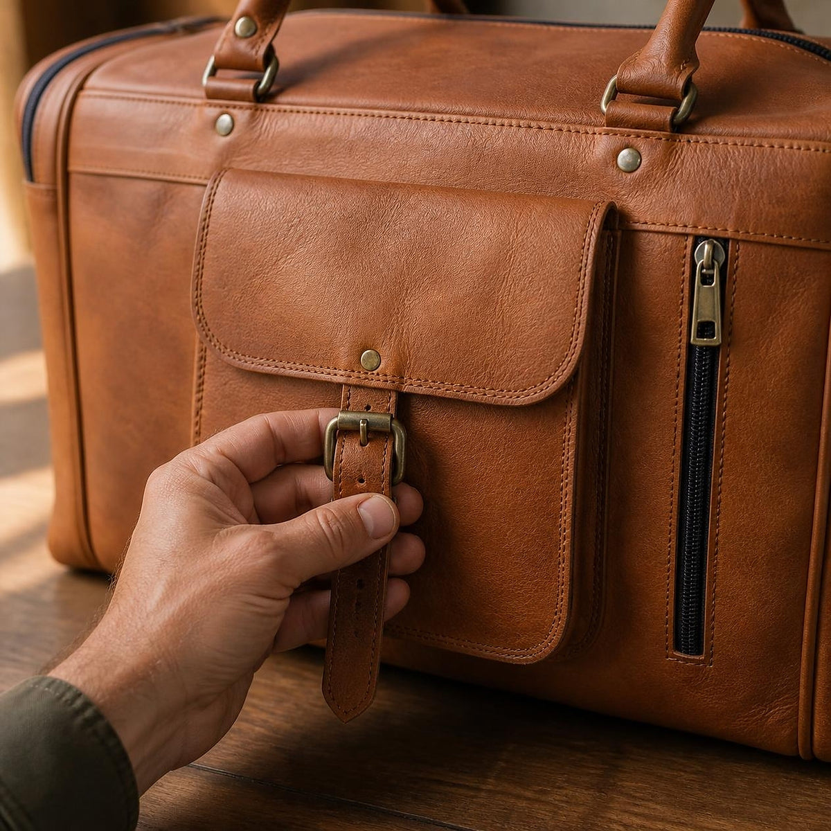 Close-up of the antique brass buckle on the holdall's front flap pocket