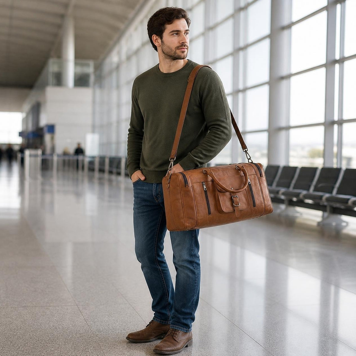 The square holdall worn on the shoulder by its detachable leather strap