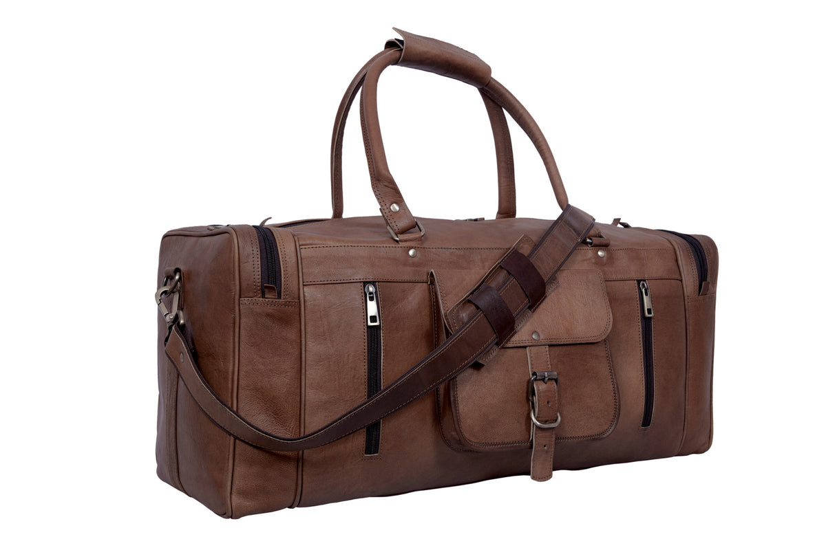 DEKVIO 24 inch square holdall leather duffle bag in Coffee dark brown