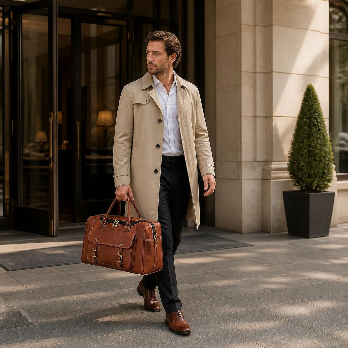 Man carrying the DEKVIO brown leather travel holdall out of a hotel entrance