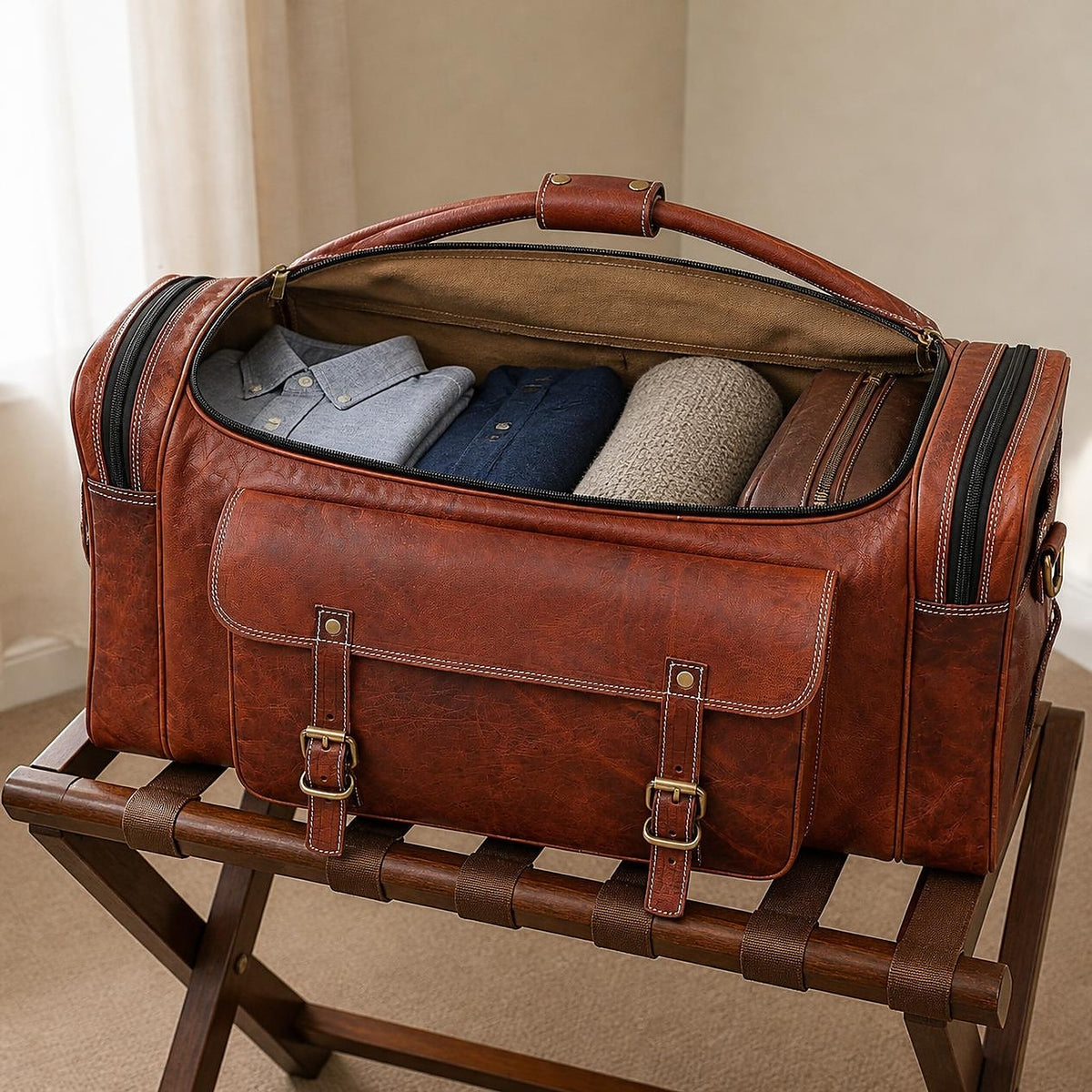 The travel holdall open on a luggage rack, canvas lined and packed