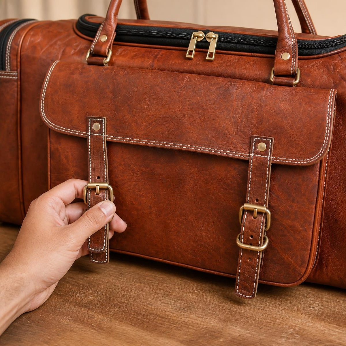 Close-up of the twin antique brass roller buckles on the front pocket